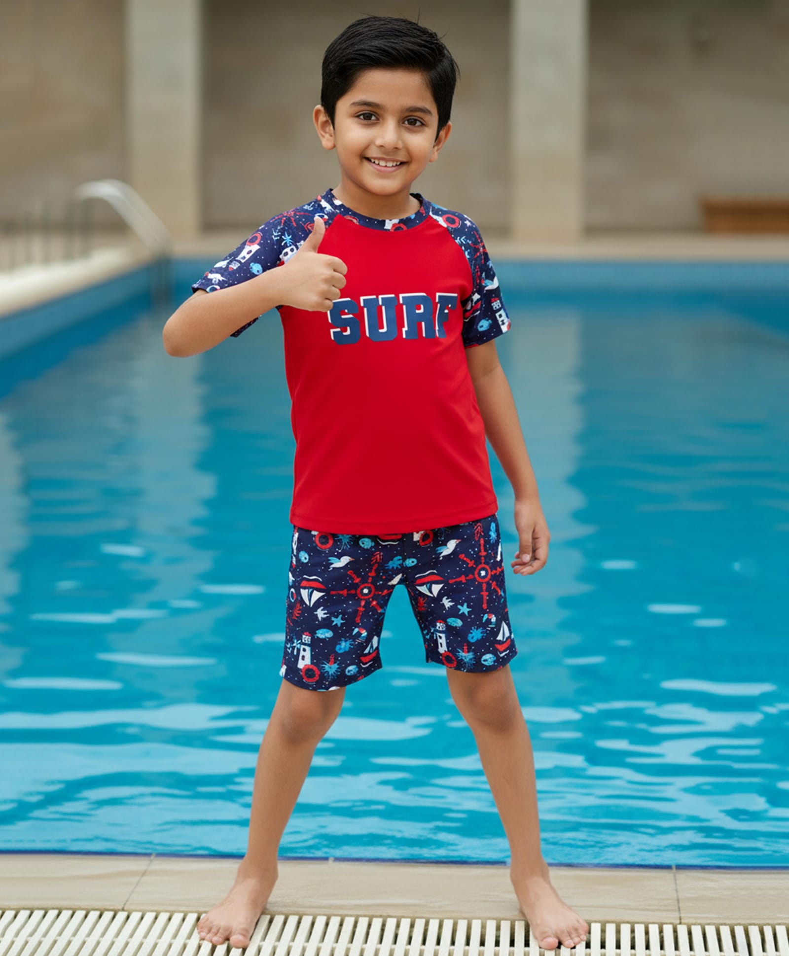 Kaboosh Half Raglan Sleeves Surf Text & Nautical Theme Printed Swim Tee & Shorts Set - Red & Navy Blue-image-45