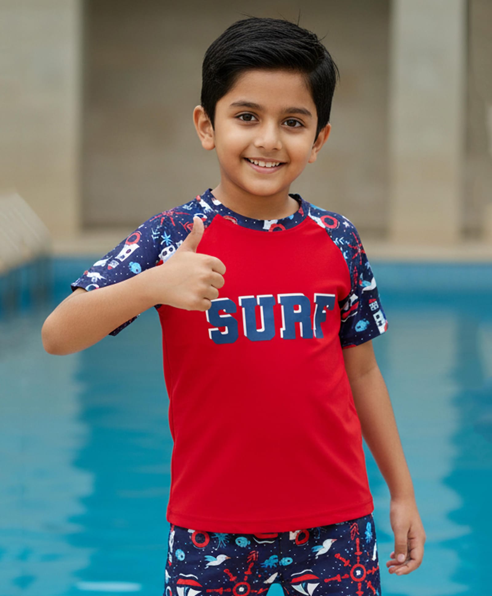Kaboosh Half Raglan Sleeves Surf Text & Nautical Theme Printed Swim Tee - Red & Navy Blue-image-44
