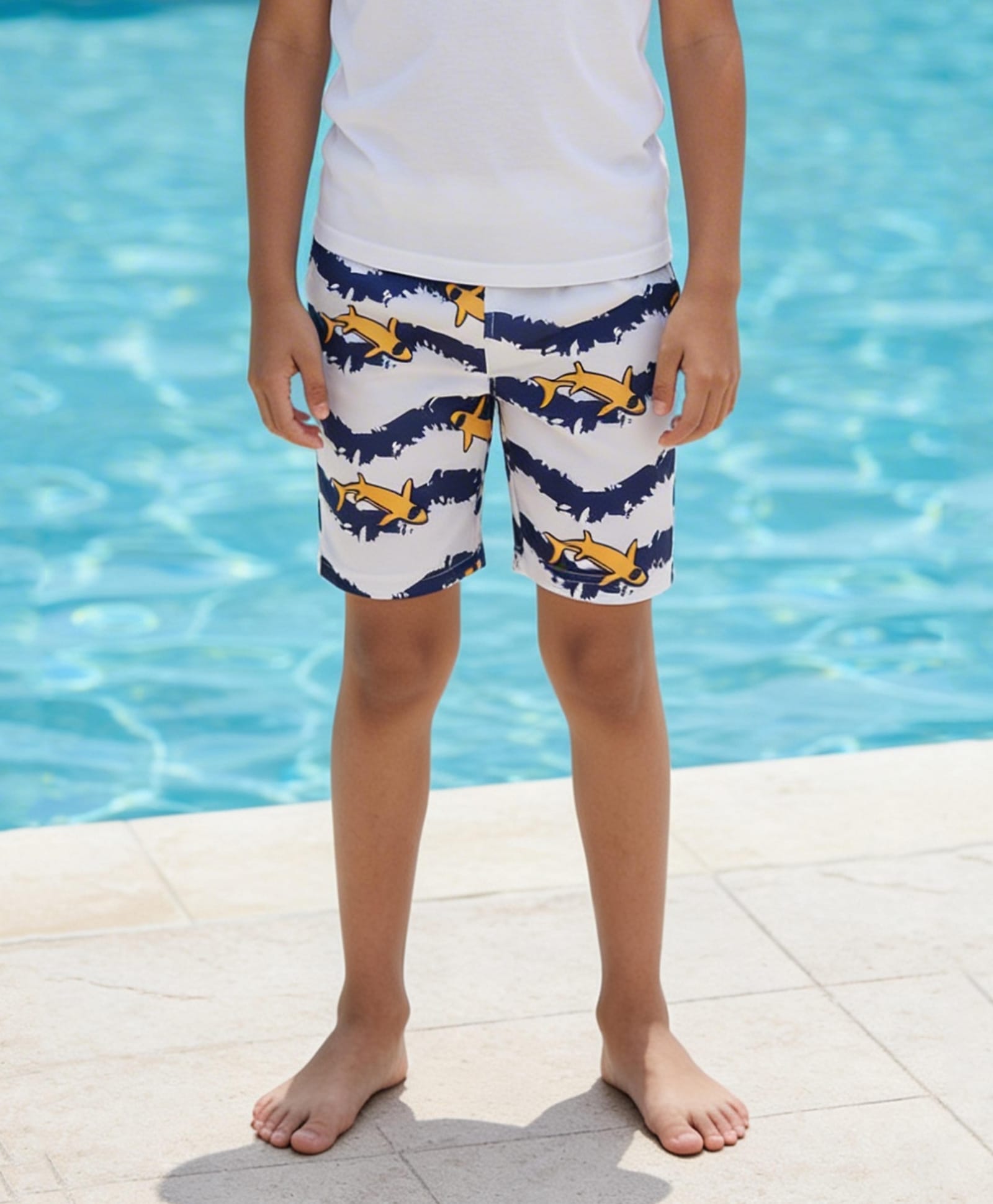 Kaboosh Shark & Abstract Printed Swimming Shorts - White & Navy Blue-picture-36