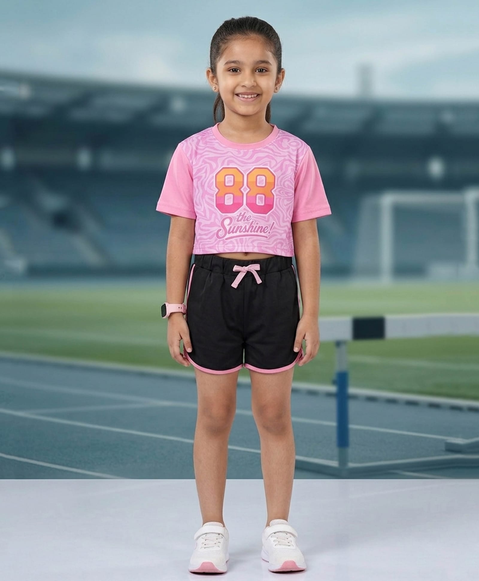 Kiddopanti Knit Half Sleeves The Sunshine Text Printed Crop Tee & Shorts Set - Baby Pink & Black-image-33