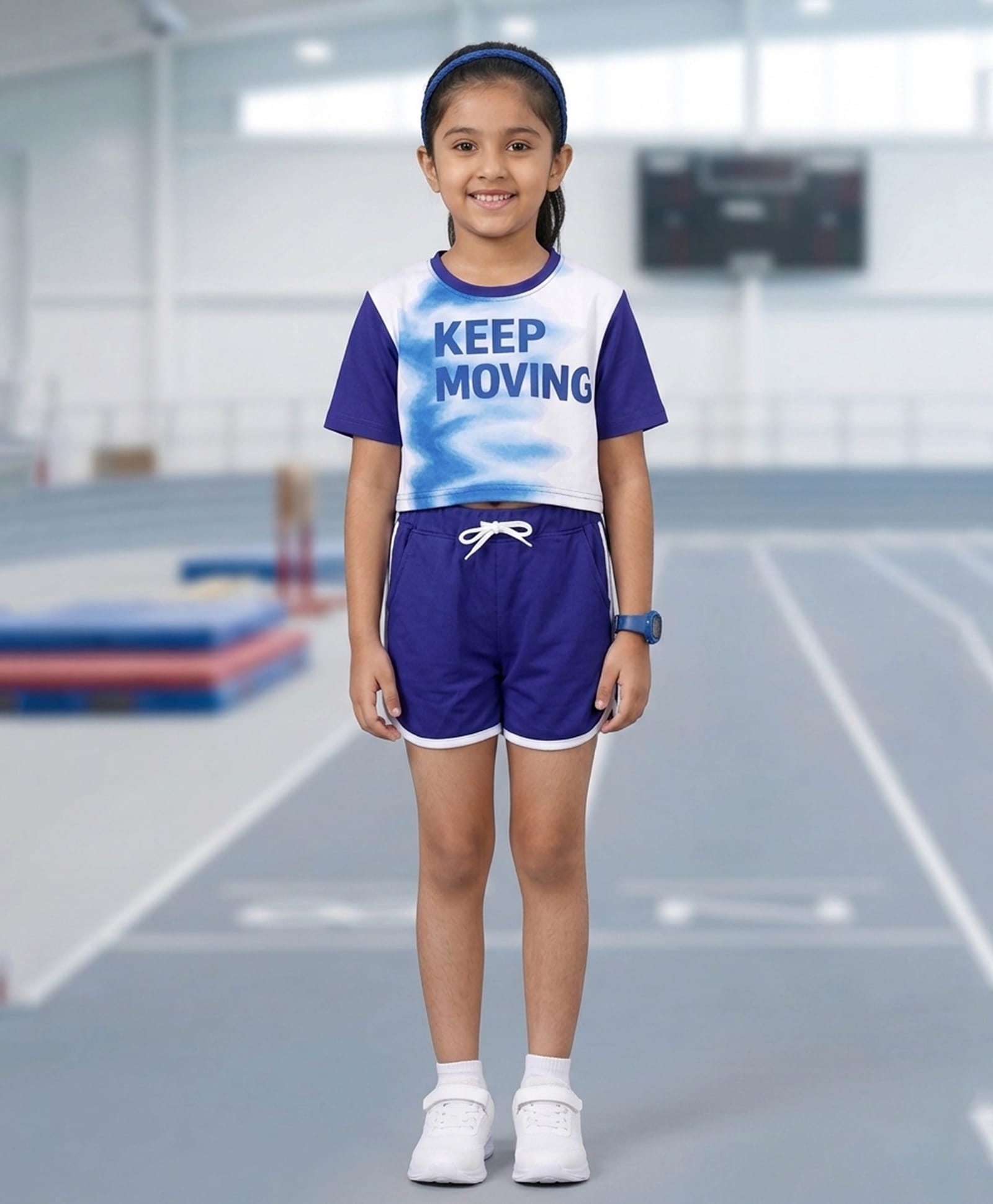 Kiddopanti Knit Half Sleeves Keep Moving Text Printed Crop Tee & Shorts Set - White & Royal Blue-image-34