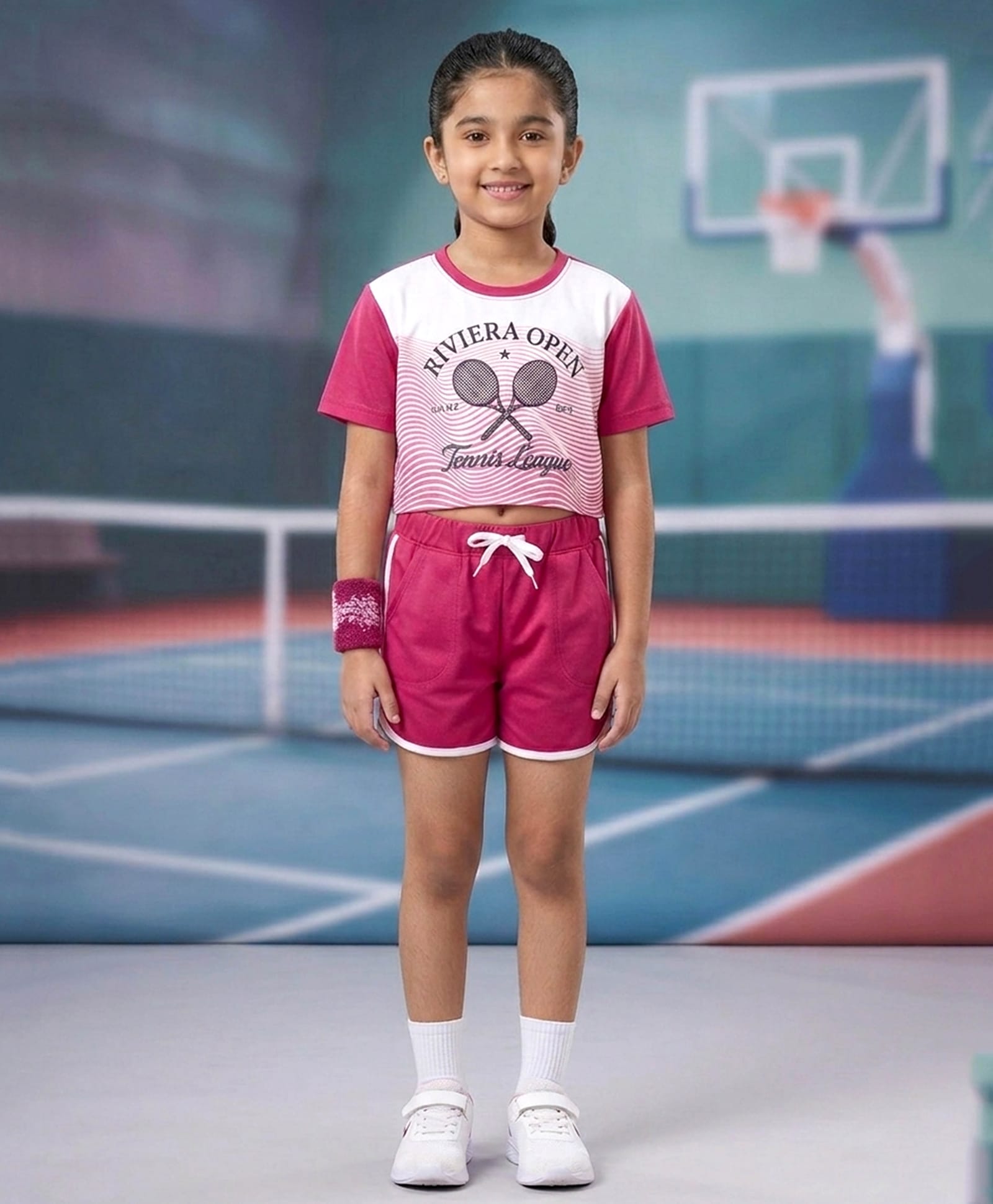 Kiddopanti Knit Half Sleeves Tennis League Text Printed Crop Tee & Shorts Set - White & Fuchsia Pink-picture-10
