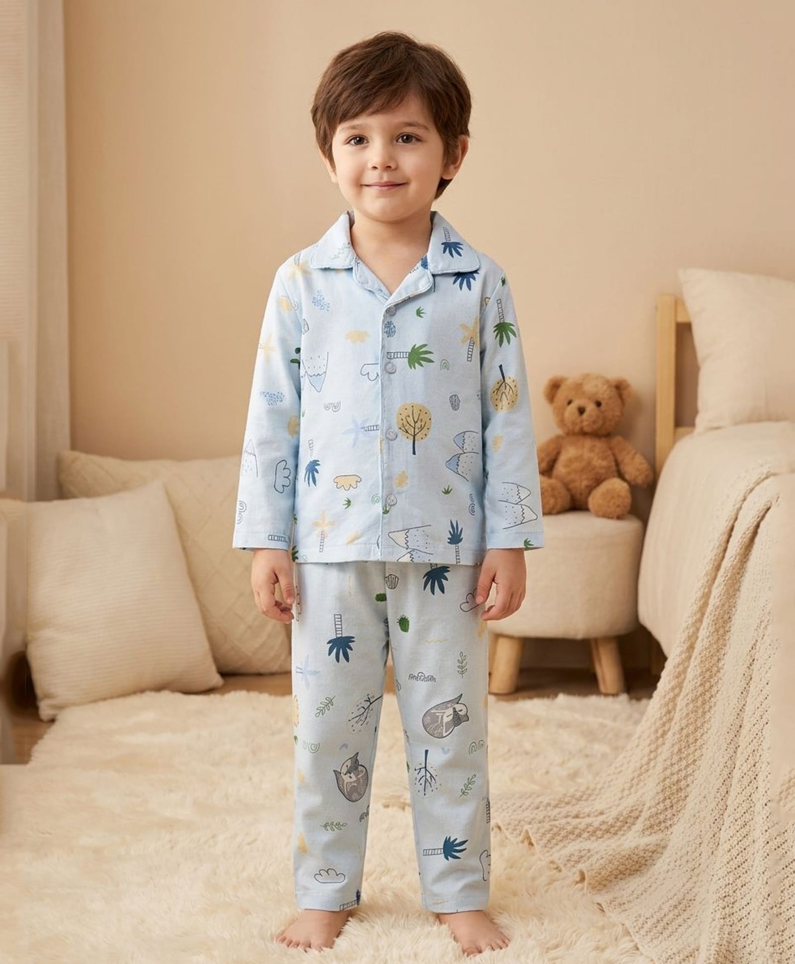 Rikidoos Cotton Woven Full Sleeves Printed Co-Ords Shirt & Pyjama Night Suit - Light Blue-picture-20