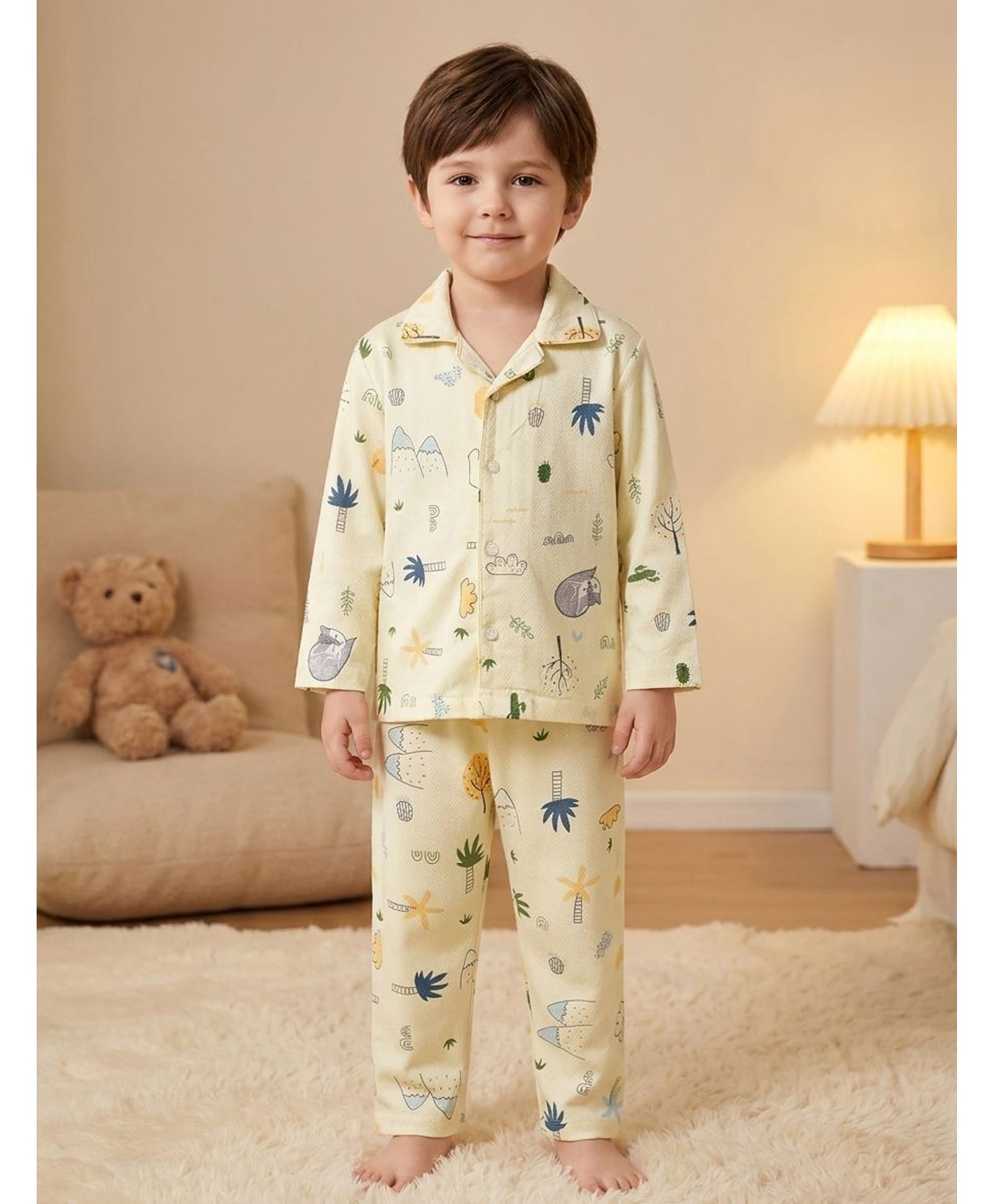 Rikidoos Cotton Woven Full Sleeves Printed Co-Ords Shirt & Pyjama Night Suit - Yellow-image-43