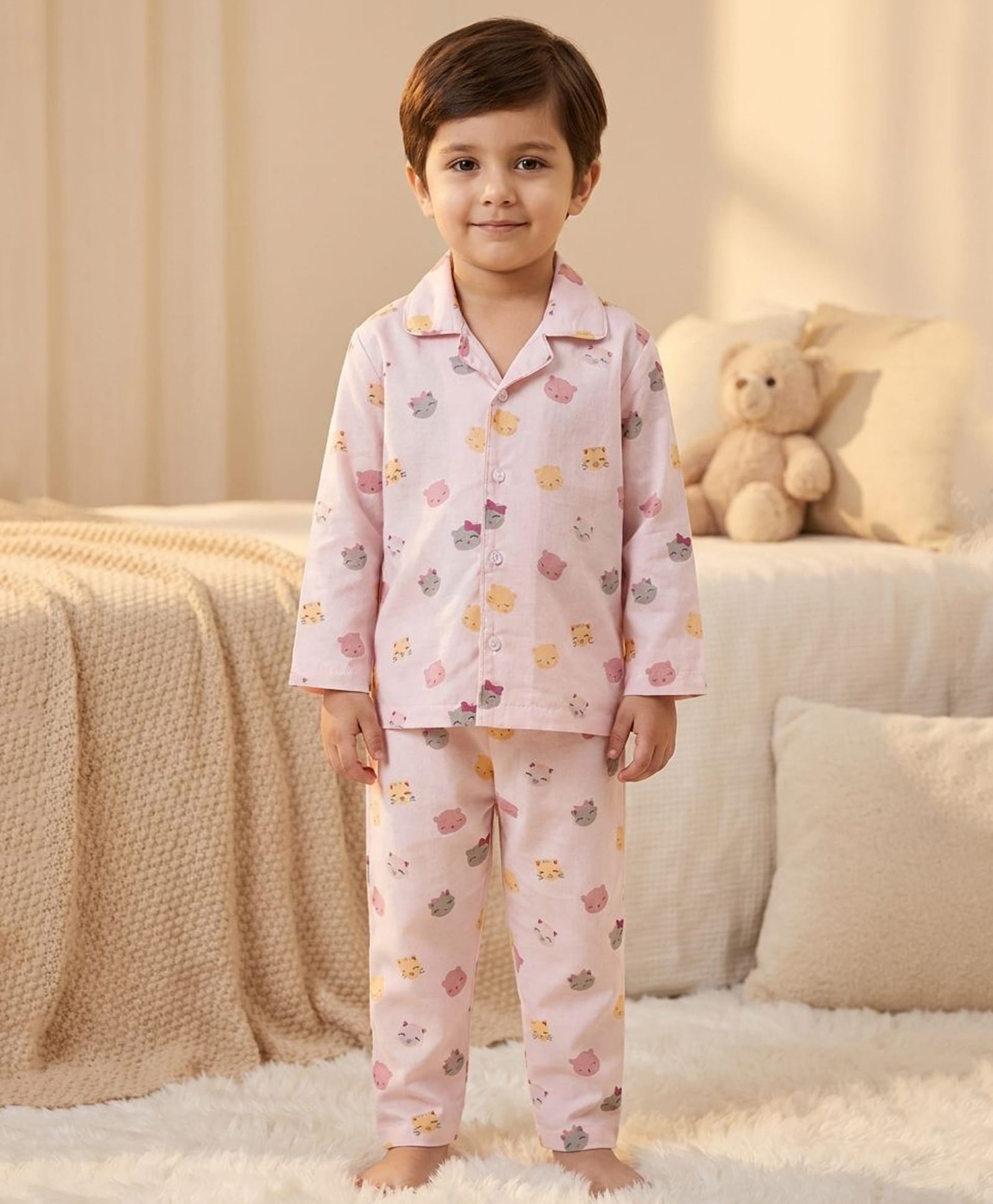 Rikidoos Cotton Woven Full Sleeves Animal Printed Co-Ords Shirt & Pyjama Night Suit - Baby Pink-picture-0