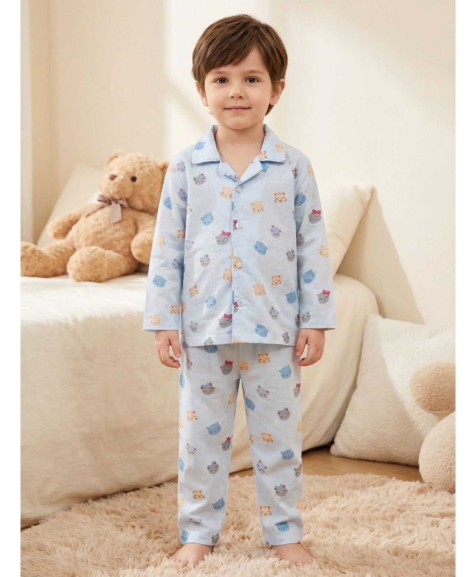 Rikidoos Cotton Woven Full Sleeves Animal Printed Co-Ords Shirt & Pyjama Night Suit - Light Blue-picture-6