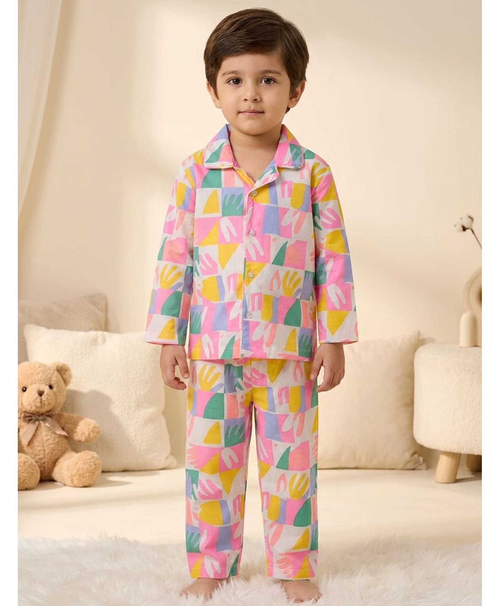Rikidoos Cotton Woven Full Sleeves Abstract Printed Co-Ords Shirt & Pyjama Night Suit - Pink-picture-30
