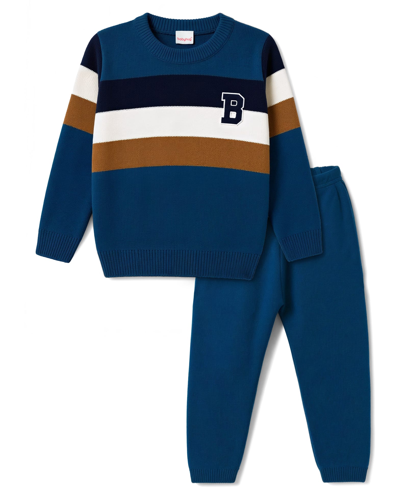 Babyhug Knit Full Sleeves Sweater Set with Colour Block Design - Navy-image-13