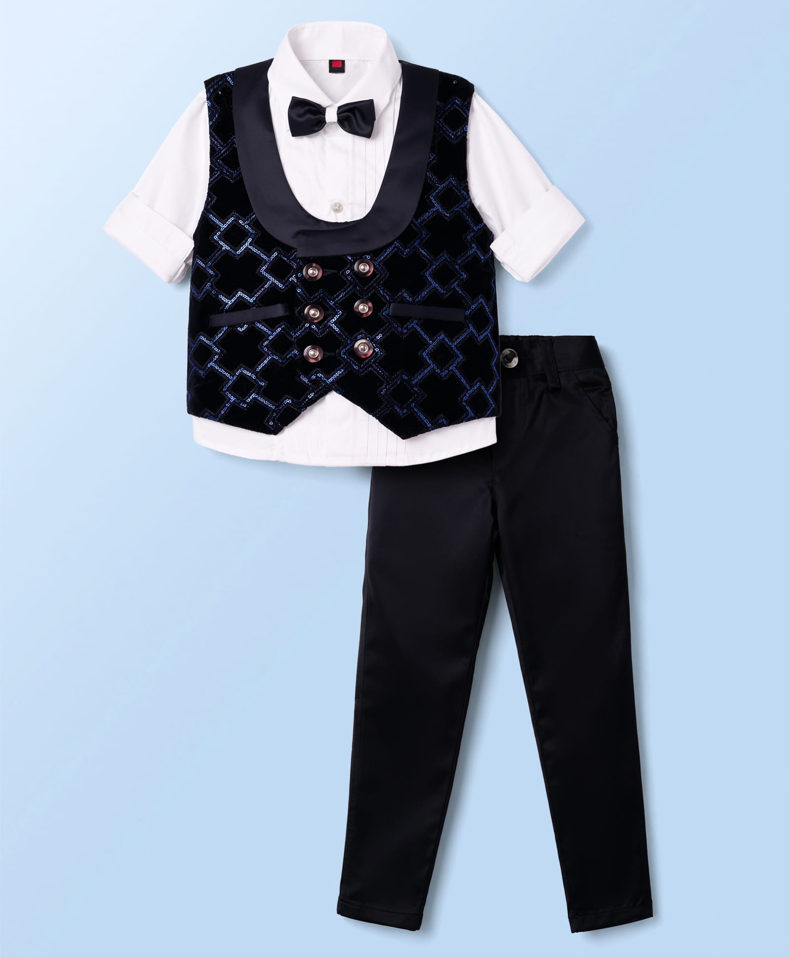 Radutu Full Sleeves Solid Shirt & Pants Set With Geometric Embroidered Waistcoat & Bow - Navy Blue & White-image-43