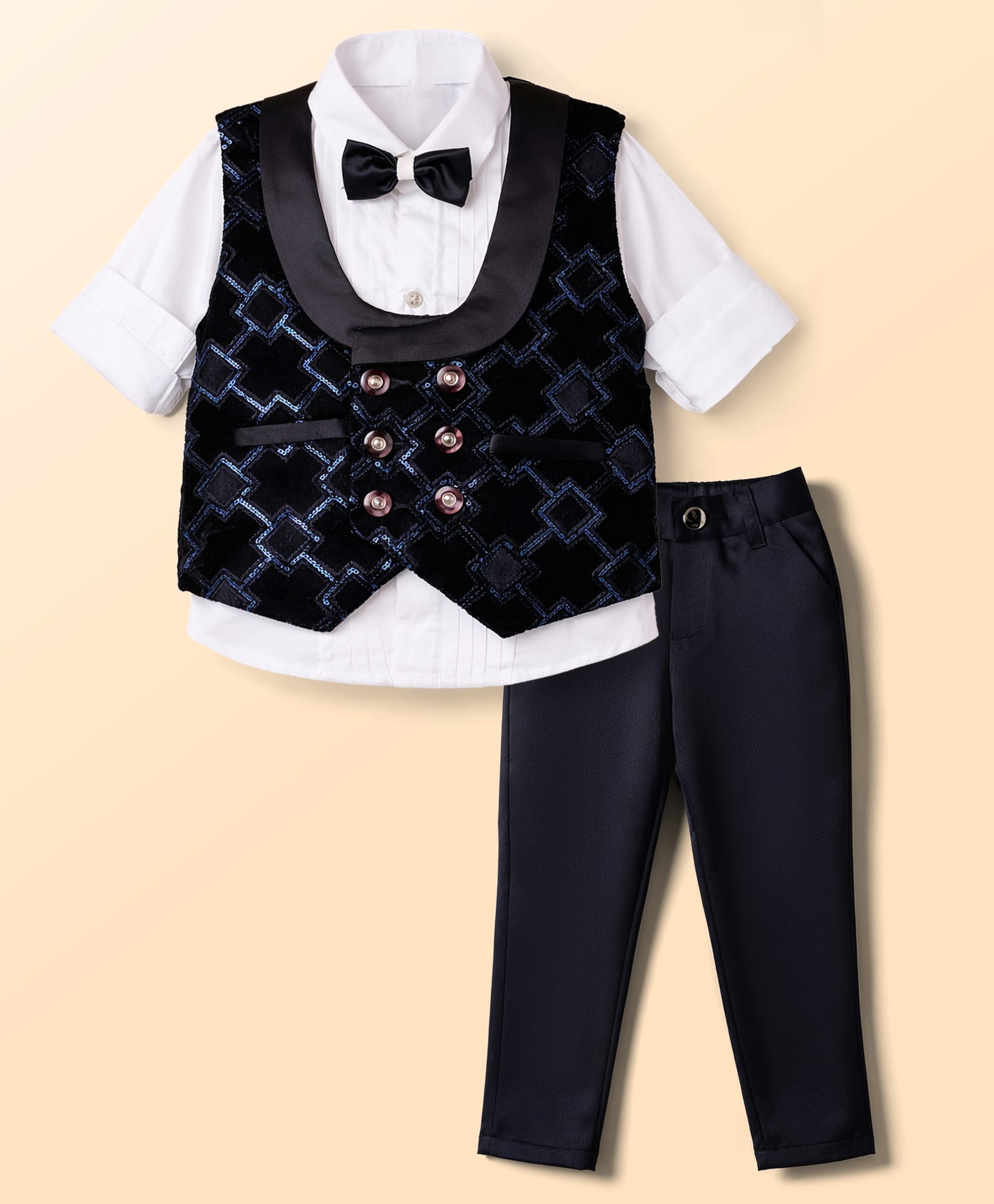 Radutu Full Sleeves Solid Shirt & Pants Set With Geometric Embroidered Waistcoat & Bow - Black & White-image-49