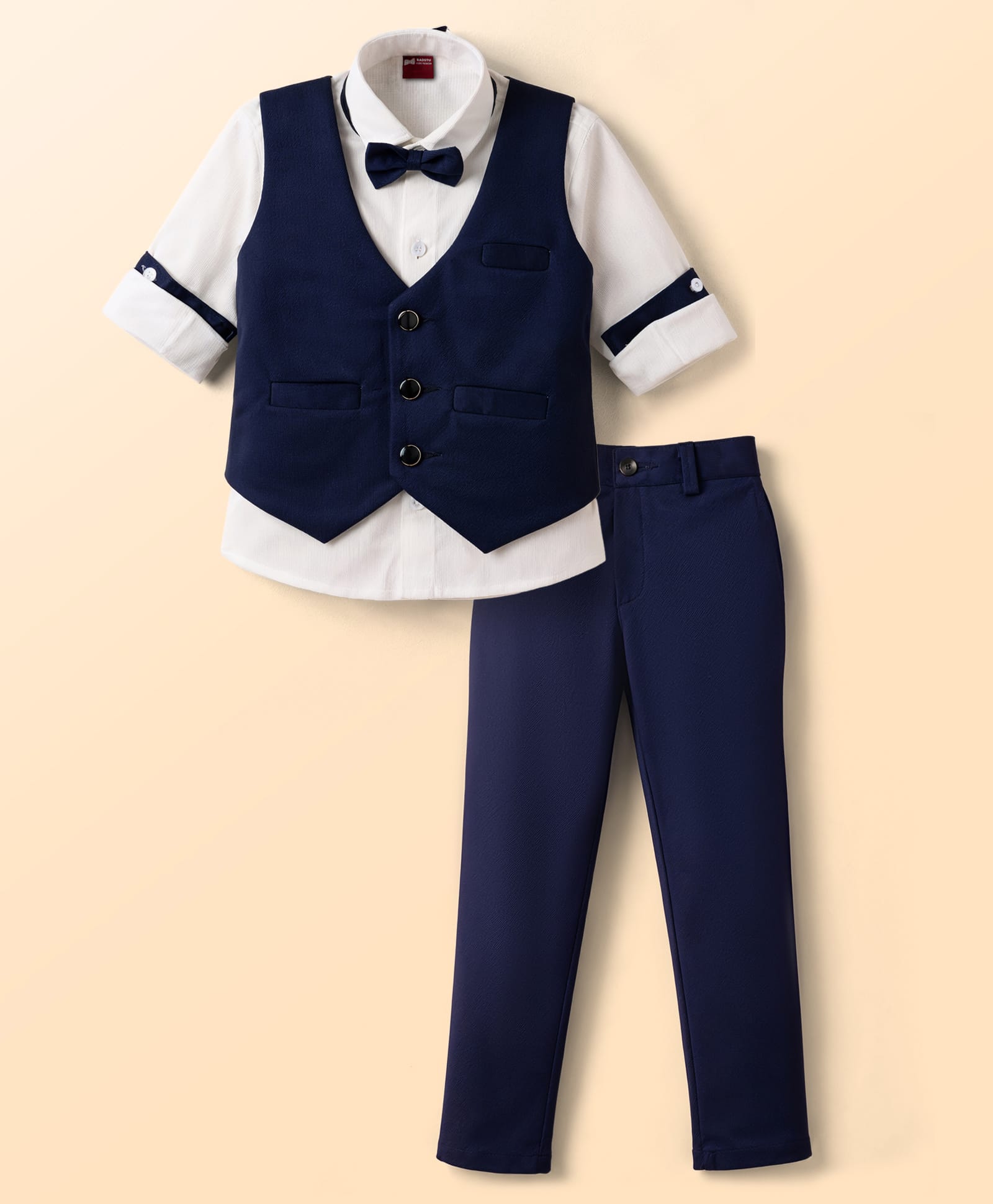 Radutu Full Sleeves Solid Shirt & Pant Set With Waistcoat & Bow - Navy Blue & White-image-30
