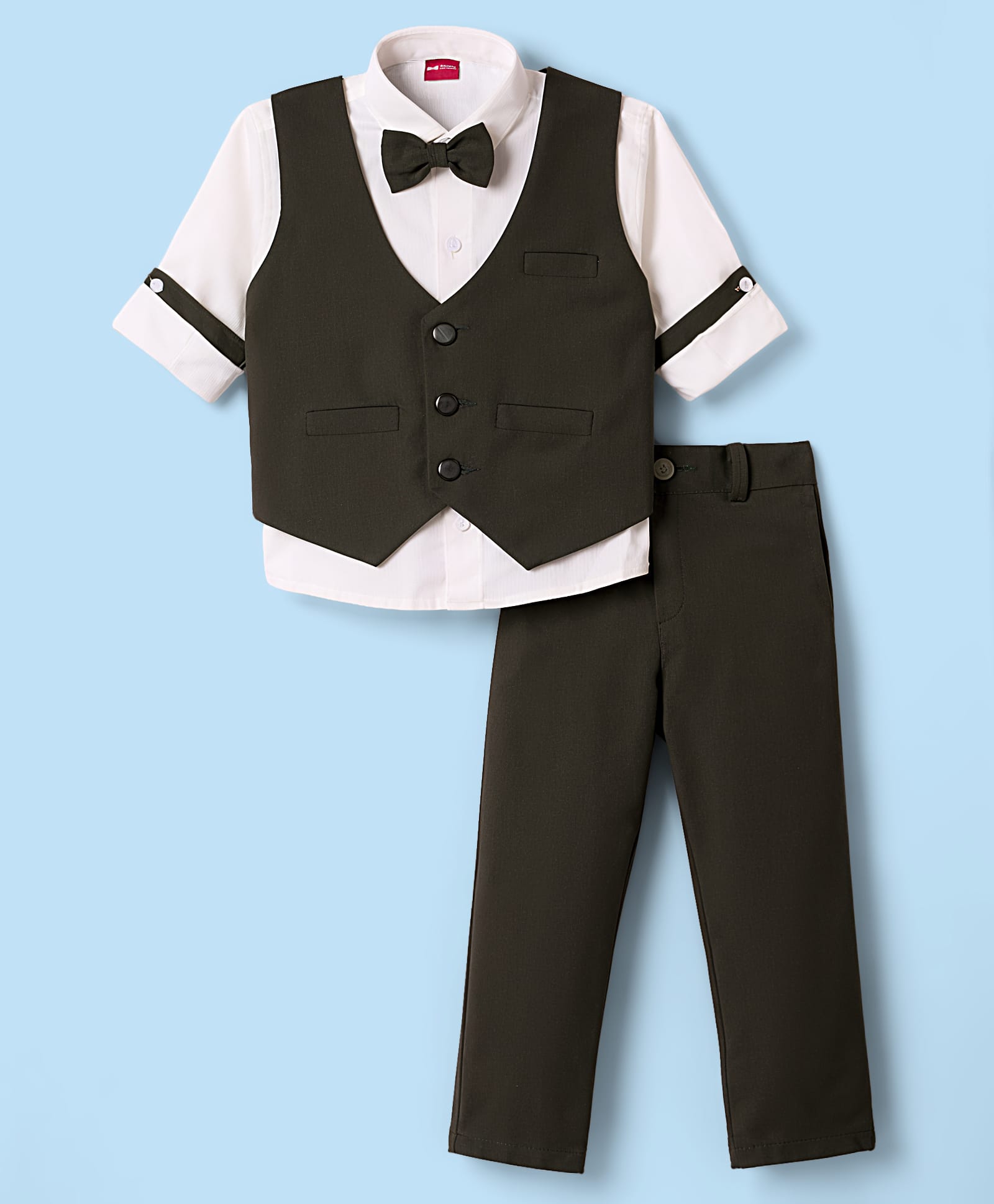 Radutu Full Sleeves Solid Shirt & Pant Set With Waistcoat & Bow - Dark Grey & White-image-32