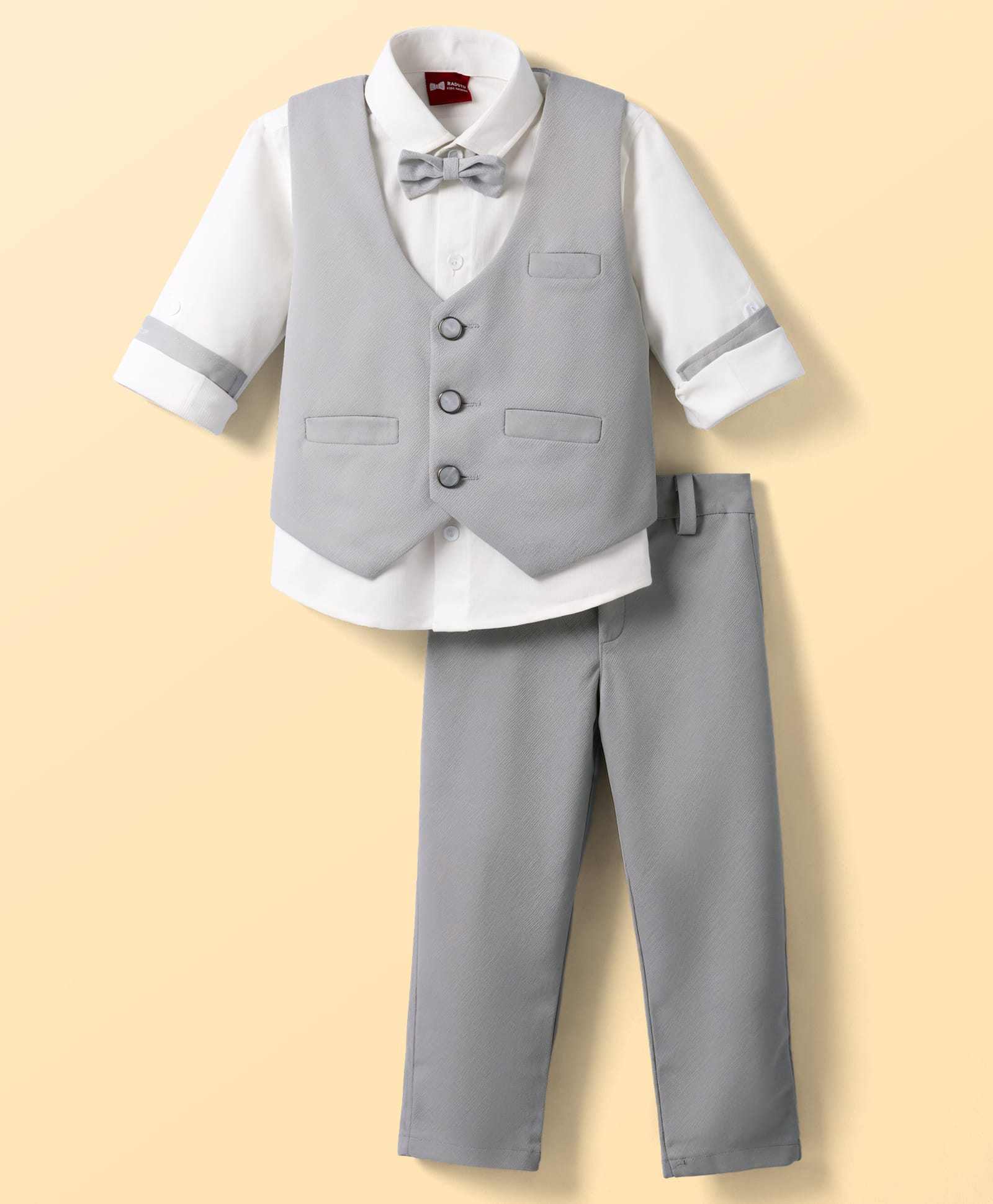 Radutu Full Sleeves Solid Shirt & Pants Set With Waistcoat & Bow - Grey & White-picture-26