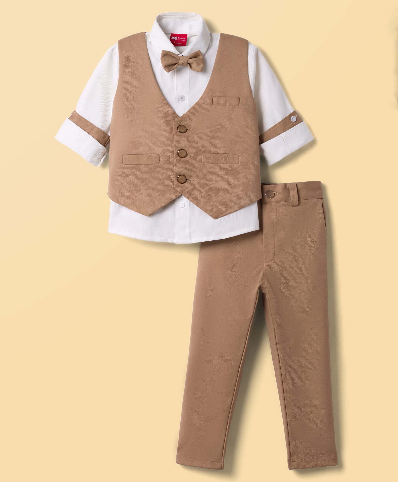 Radutu Full Sleeves Solid Shirt & Pants Set With Waistcoat & Bow - Fawn & White-picture-39