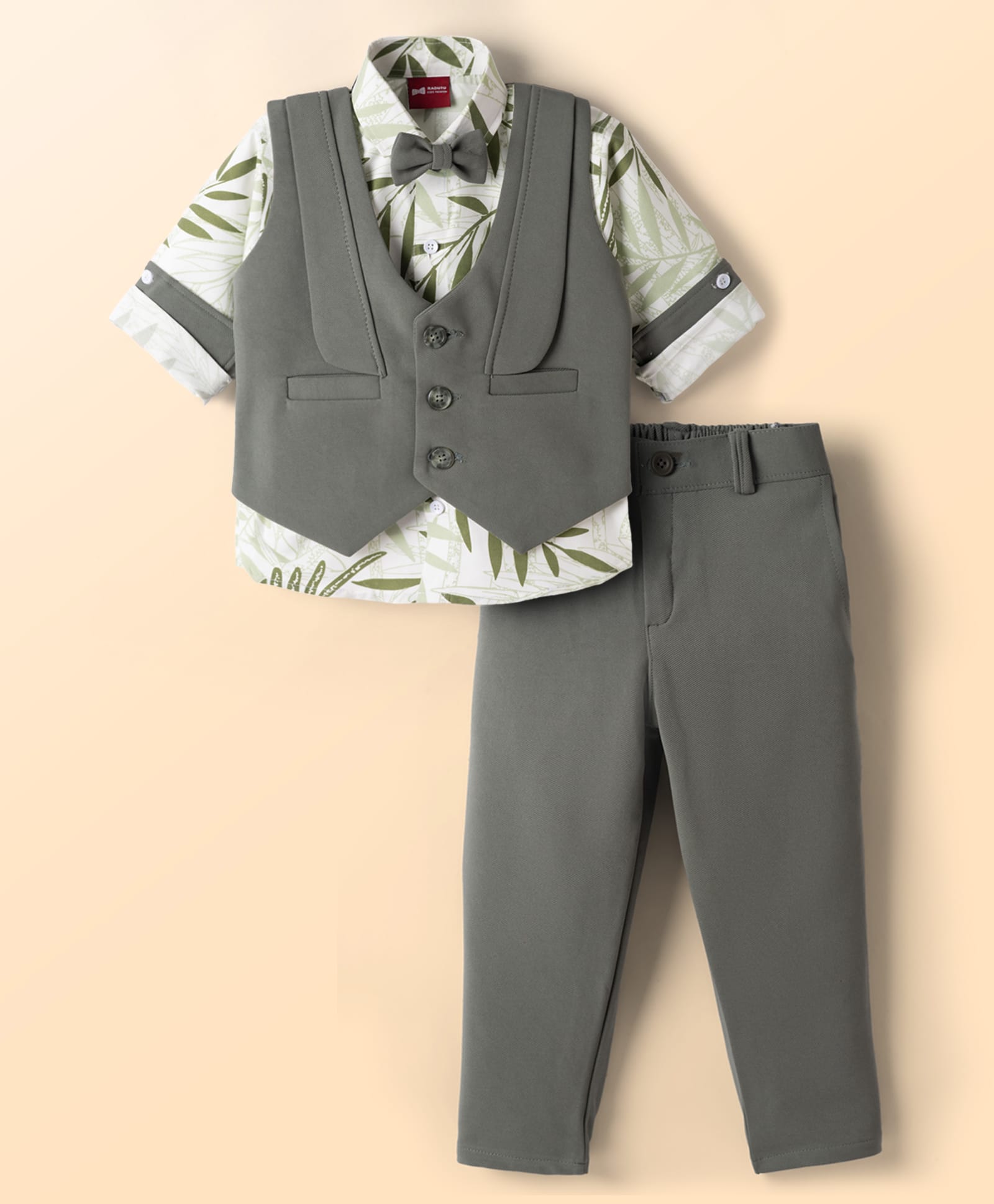 Radutu Full Sleeves Leaves Printed Shirt & Pant Set With Waistcoat & Bow - Olive Green & White-image-4