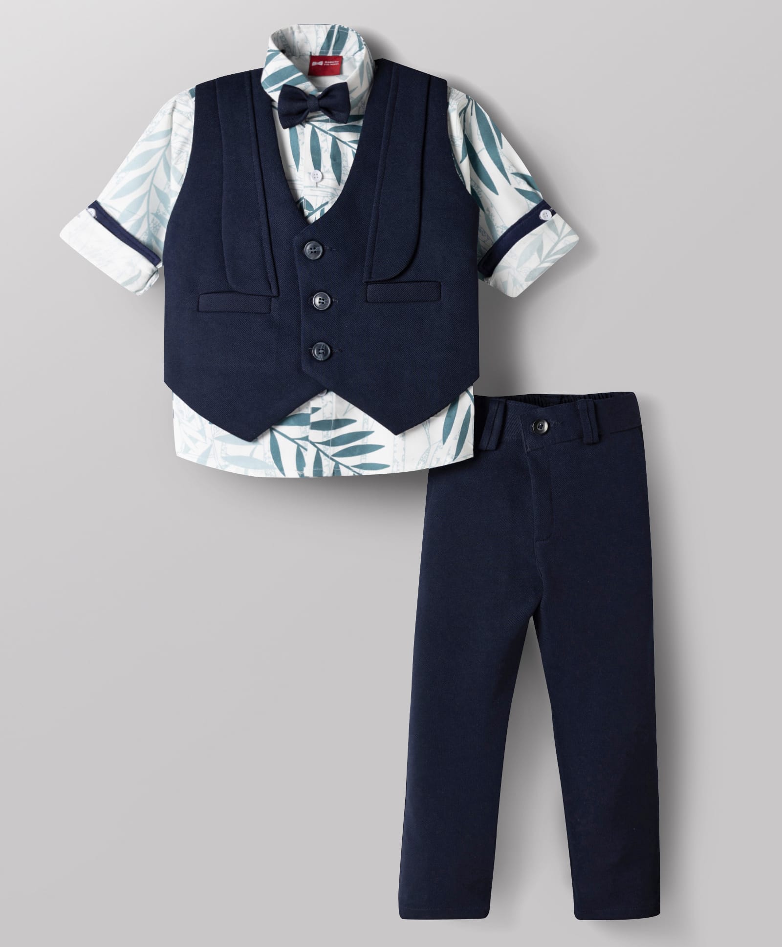 Radutu Full Sleeves Leaves Printed Shirt & Pants Set With Waistcoat & Bow - Navy Blue & White-image-42