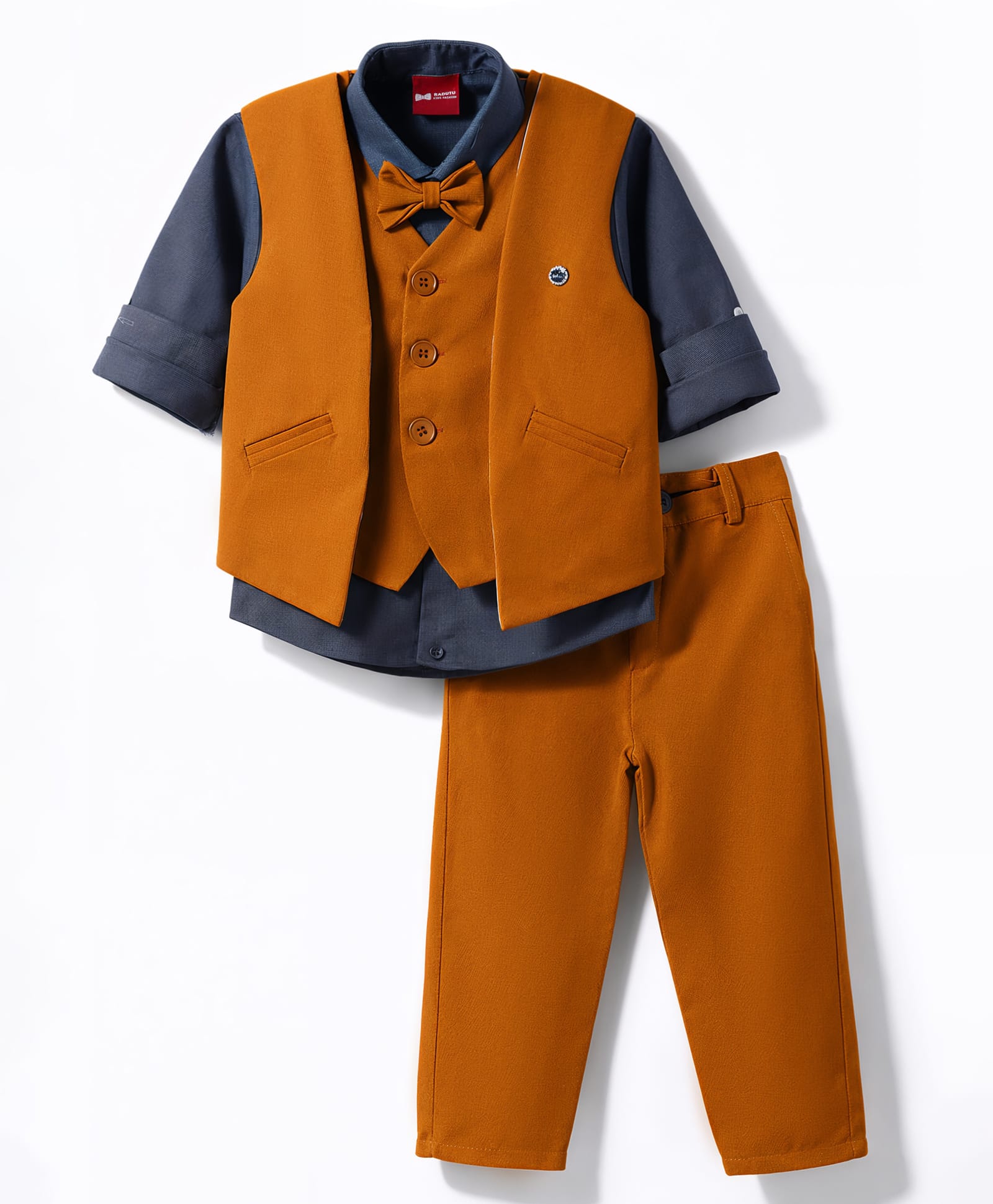 Radutu Full Sleeves Solid Shirt & Pants Set With Metal Applique Detailed Waistcoat & Bow - Rust & Dark Grey-picture-19