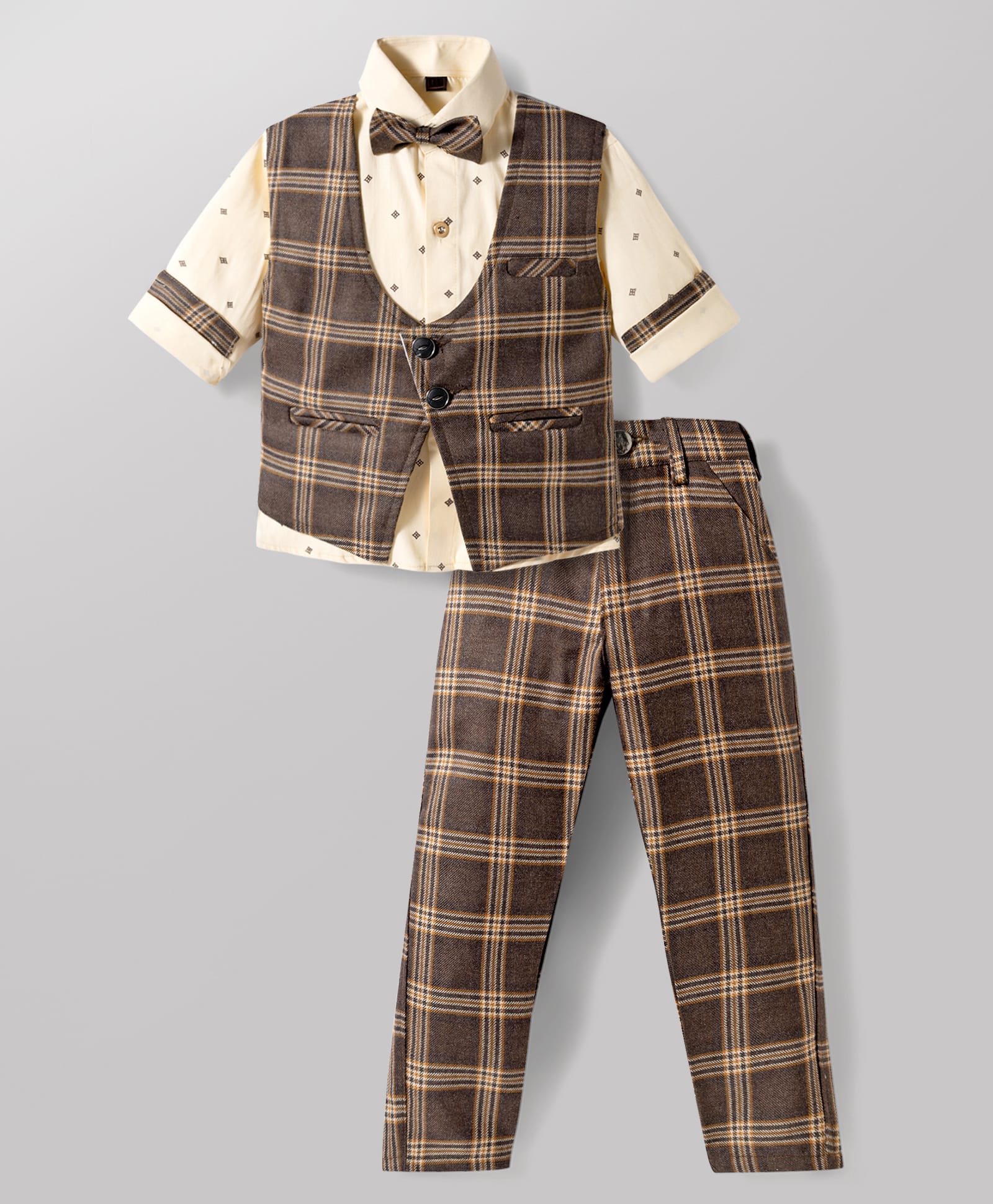 Radutu Full Sleeves Solid Shirt & Pant Set With Checked Waistcoat & Bow - Brown & Fawn-picture-13