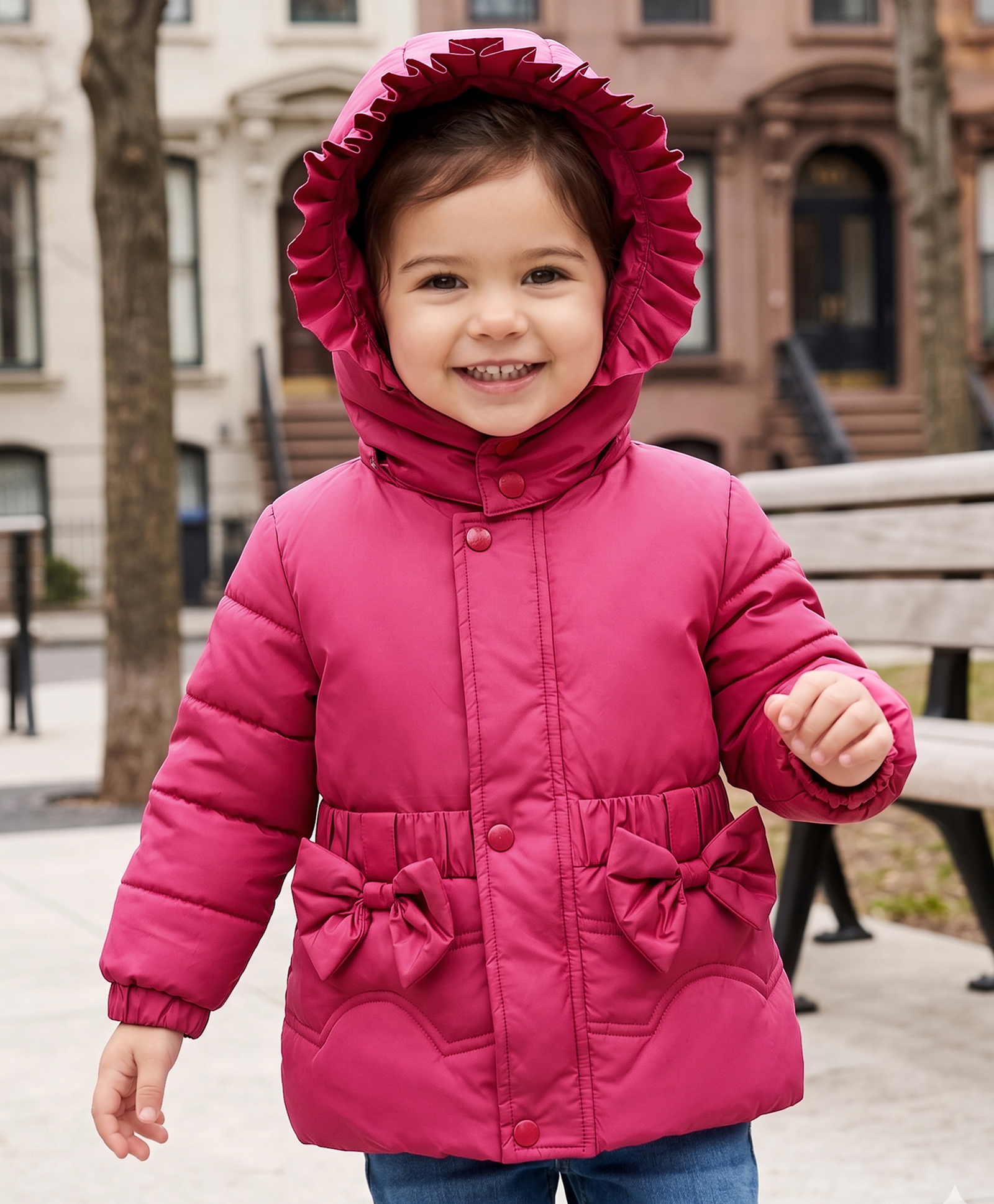 Babyhug Woven Full Sleeves Detachable Hooded Padded Jacket with Bow Applique - Pink-picture-24