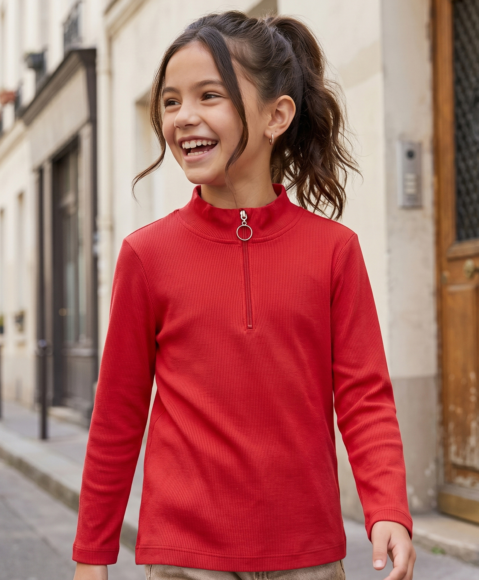 Pine Kids Cotton Knit Full Sleeves High Neck Solid Colour Top- Red-picture-23