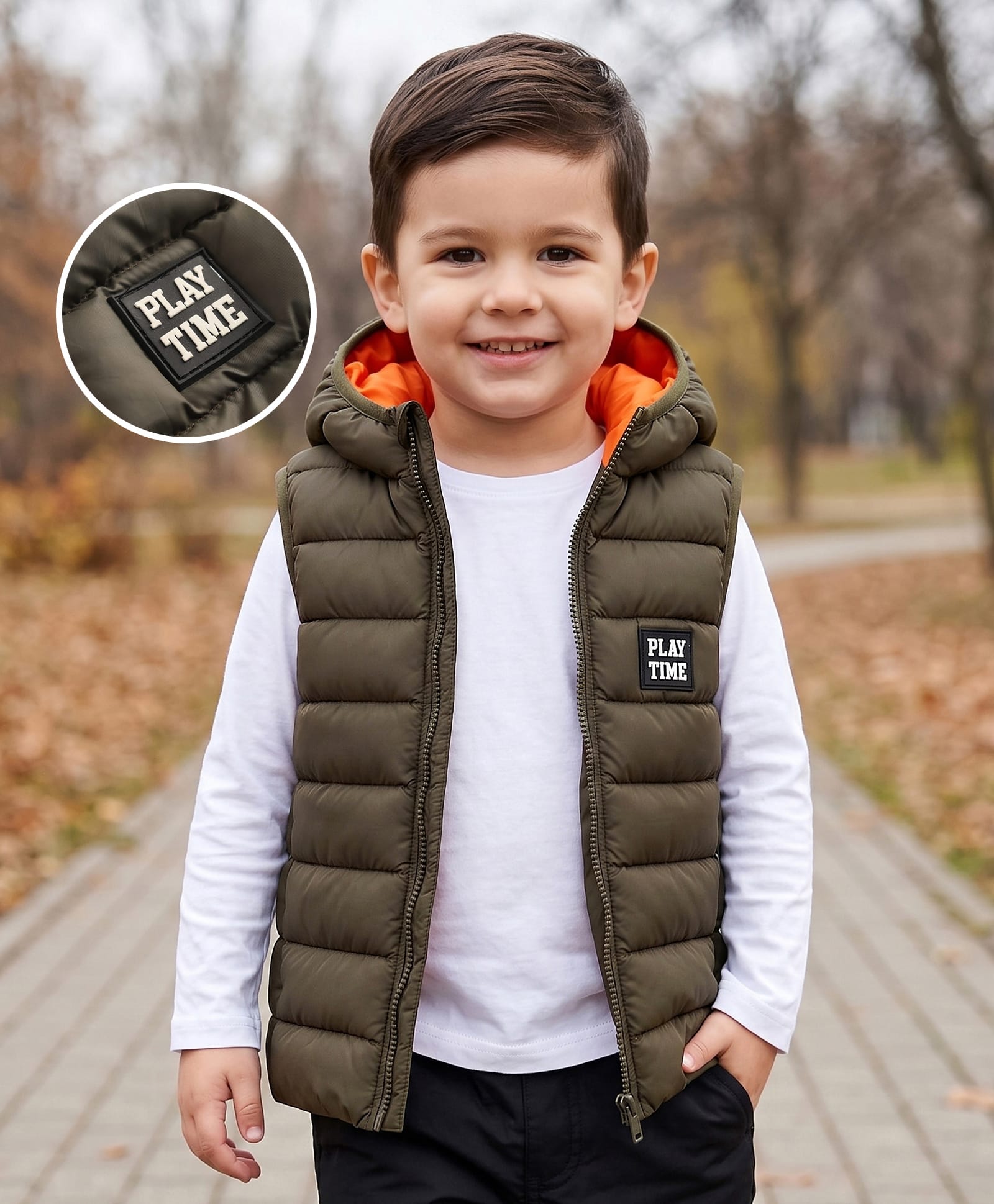 Babyhug Woven Sleeveless Solid Colour Padded Hooded Jacket - Olive-image-46