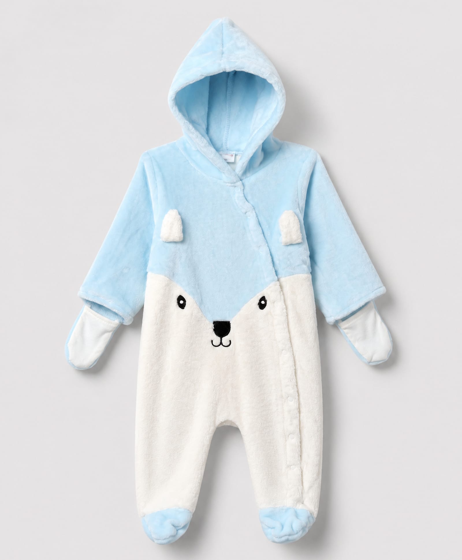 Babyhug Fur Woven Full Sleeves Hooded Footed Winter Wear Rompers With Applique - Light Blue-picture-23