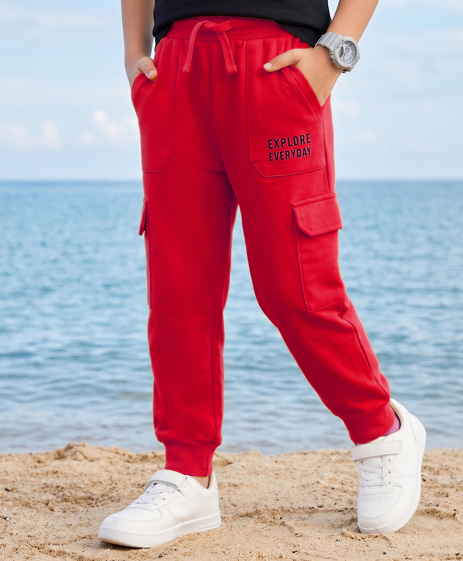 Pine Kids Knit Full Length Lounge Pant With Cargo Pockets & Text Print - Red-image-42