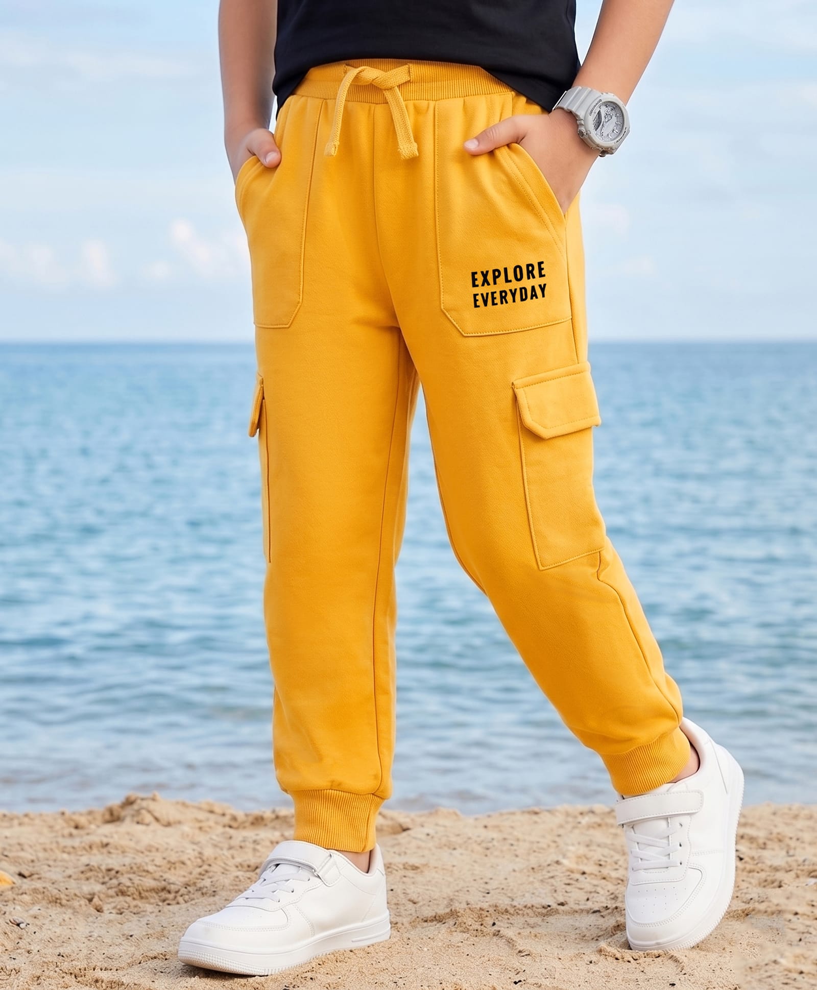 Pine Kids Knit Full Length Lounge Pant With Cargo Pockets & Text Print - Yellow-image-36