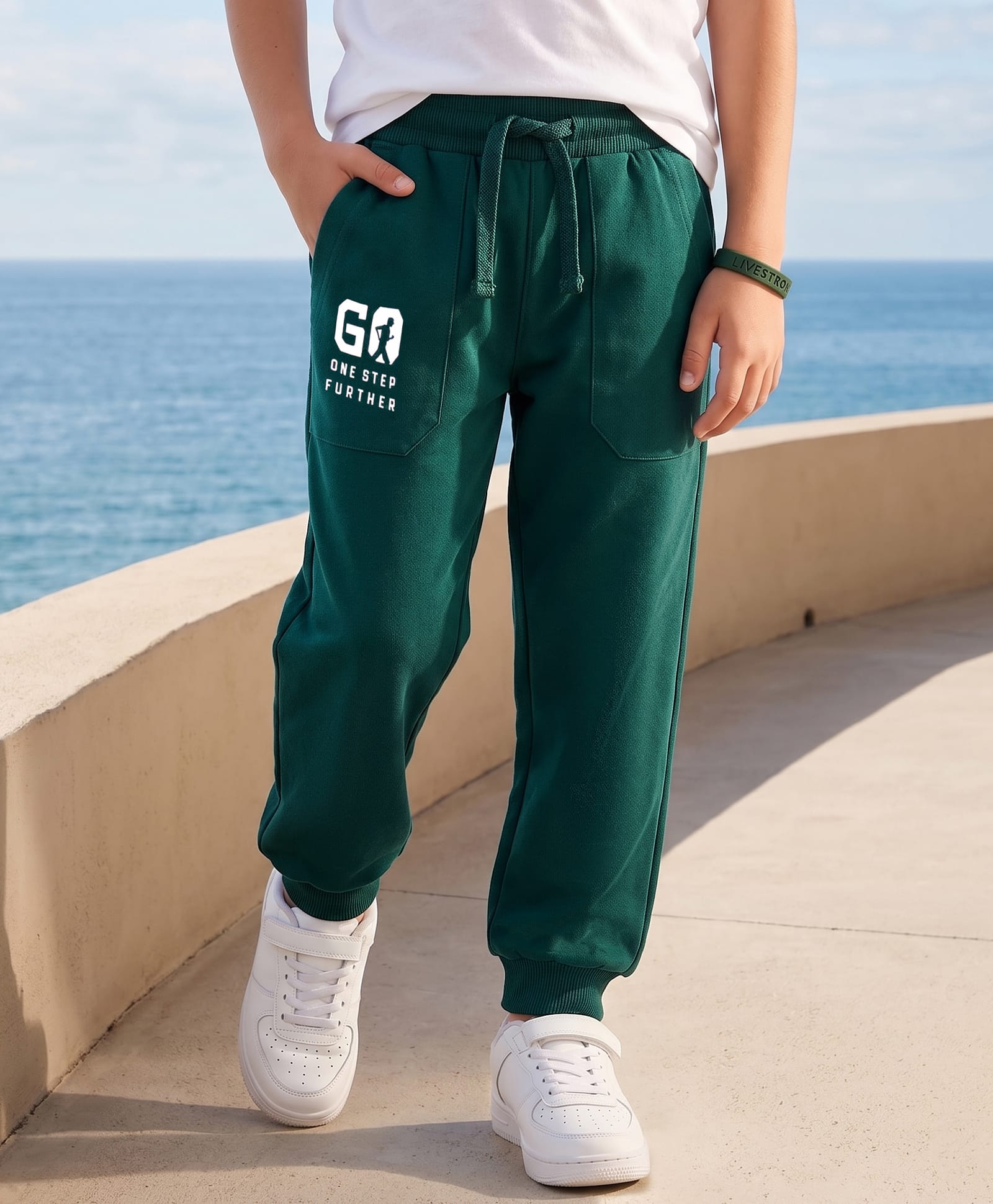 Pine Kids Knit Full Length Lounge Pant With Pockets & Text Print - Dark Green-picture-24