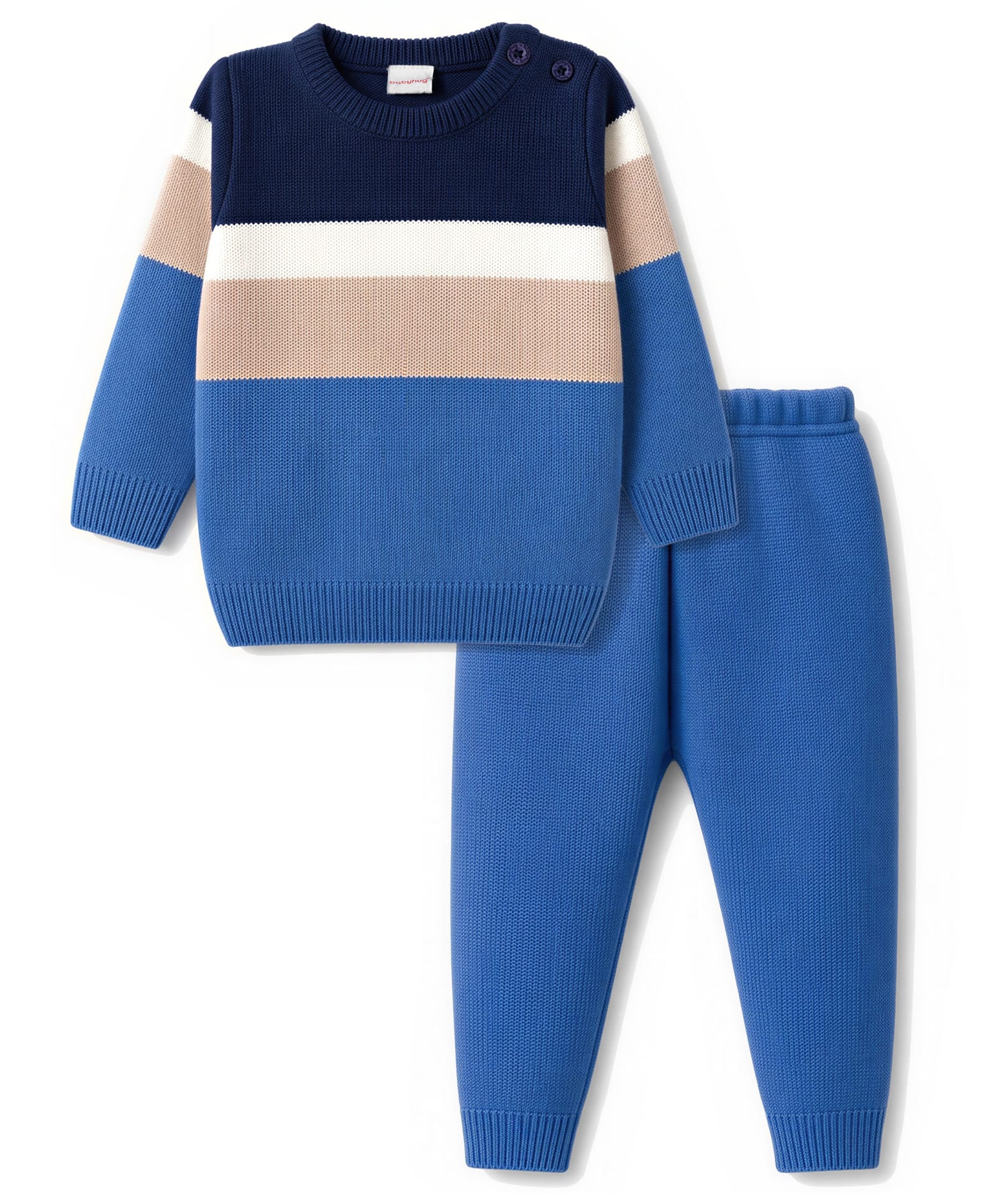 Babyhug Knit Full Sleeves Colour Block Striped Sweater Set - Blue-image-8