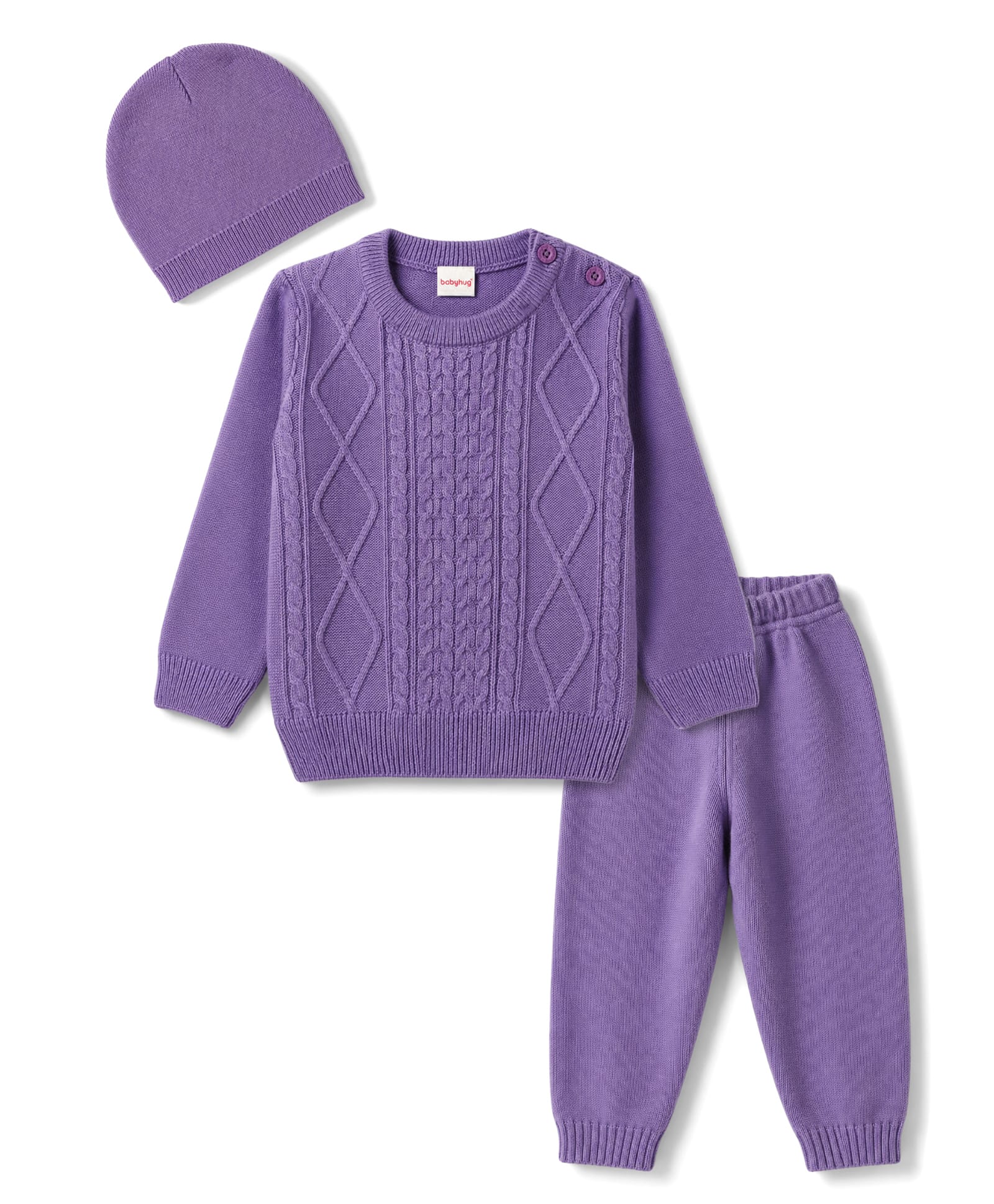 Babyhug Knit Full Sleeves Sweater Set With Cable Knit & Cap - Lavender-image-13