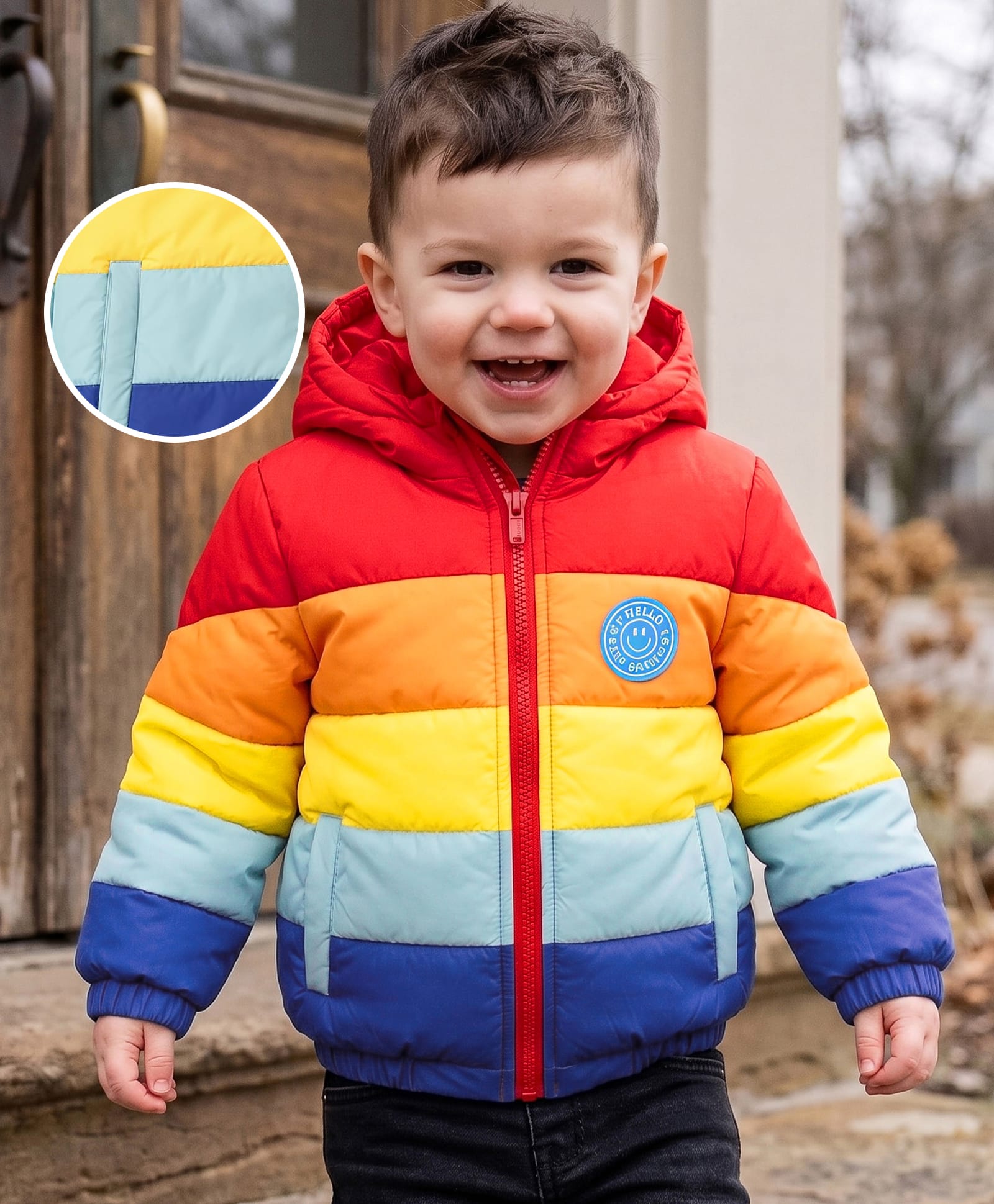 Babyhug Woven Full Sleeves Colour Block Stripes Padded Jacket with Hood - Multicolour-image-20
