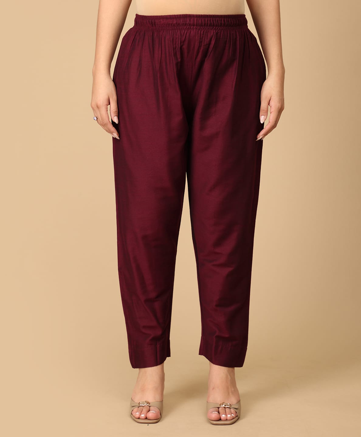 The Mom Store Cotton Woven Solid Maternity Pants - Wine