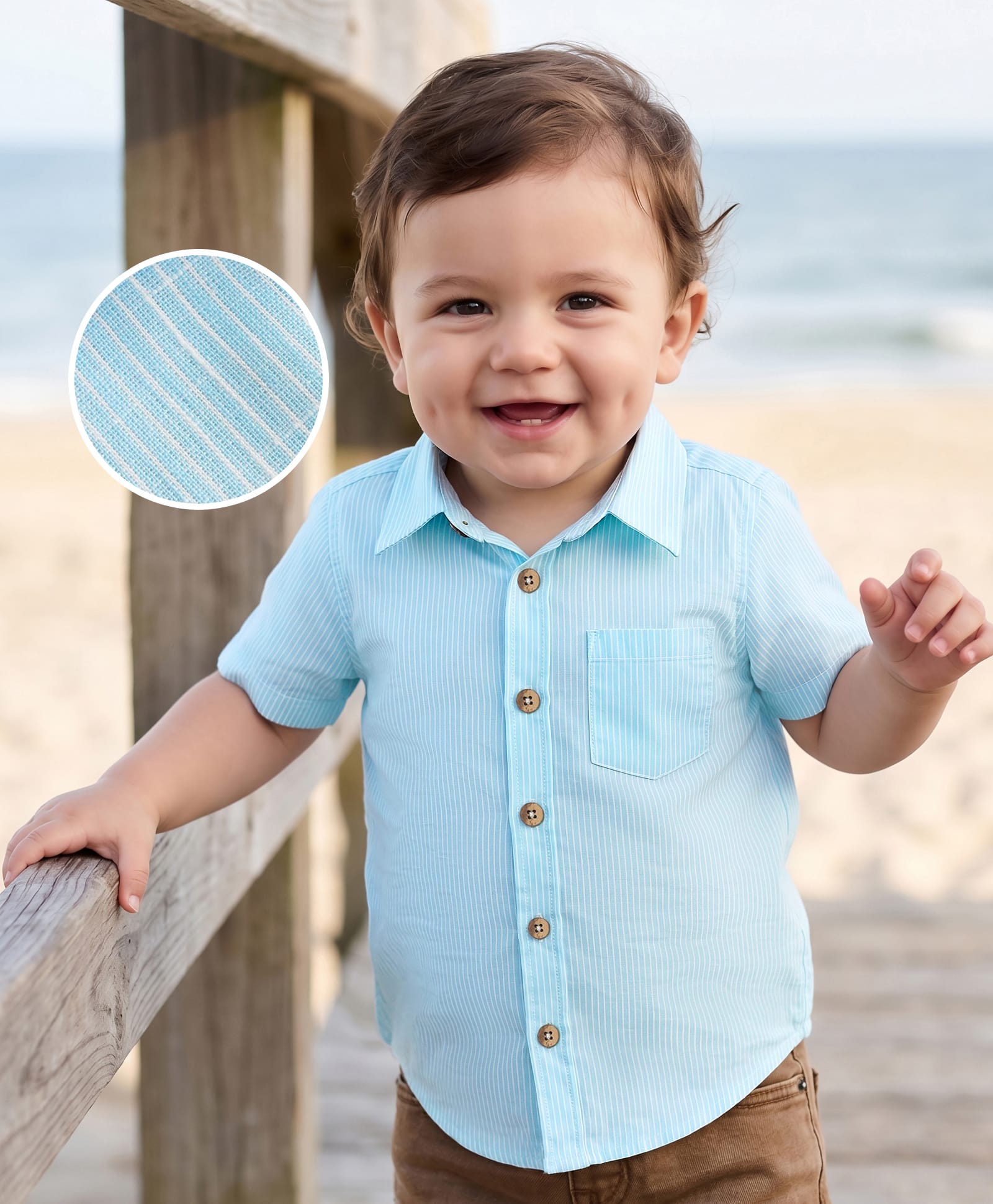 Doodle Poodle Cotton Woven Shirt Stripe Half Sleeve with Single Pocket Aqua Blue 18-24 Months-picture-48