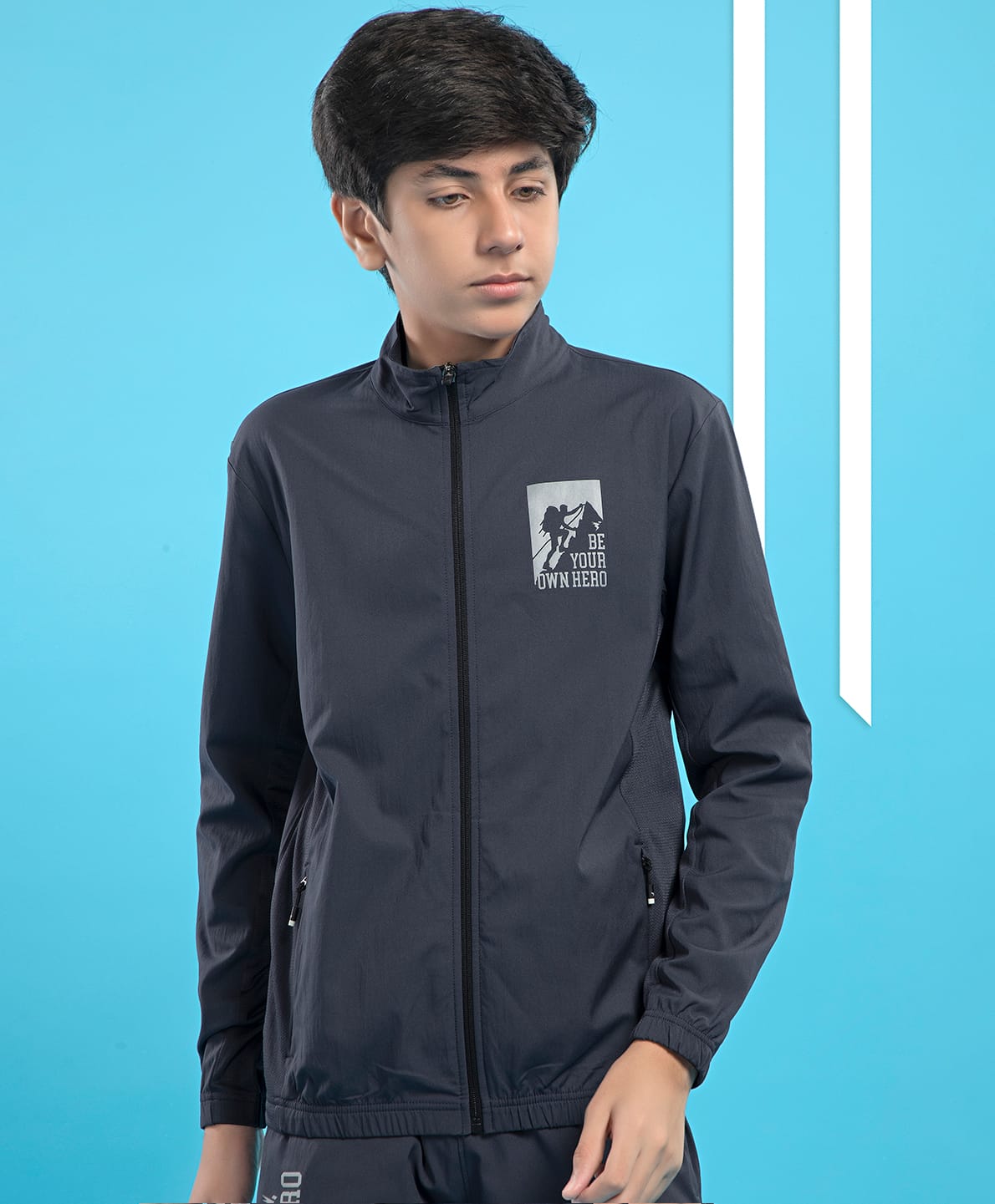 Technosport Knit Full Sleeves Be Your Own Hero Text Printed Jacket - Grey-image-4