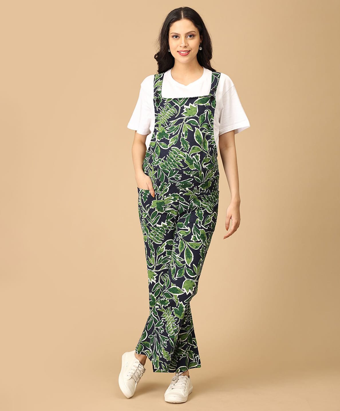 The Mom Store Cotton Woven Leaves Printed Maternity Dungaree - Green-picture-37