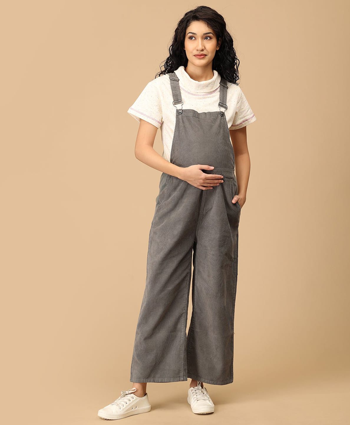 The Mom Store Cotton Denim Sleeveless Solid Maternity Dungaree - Olive Green-picture-28