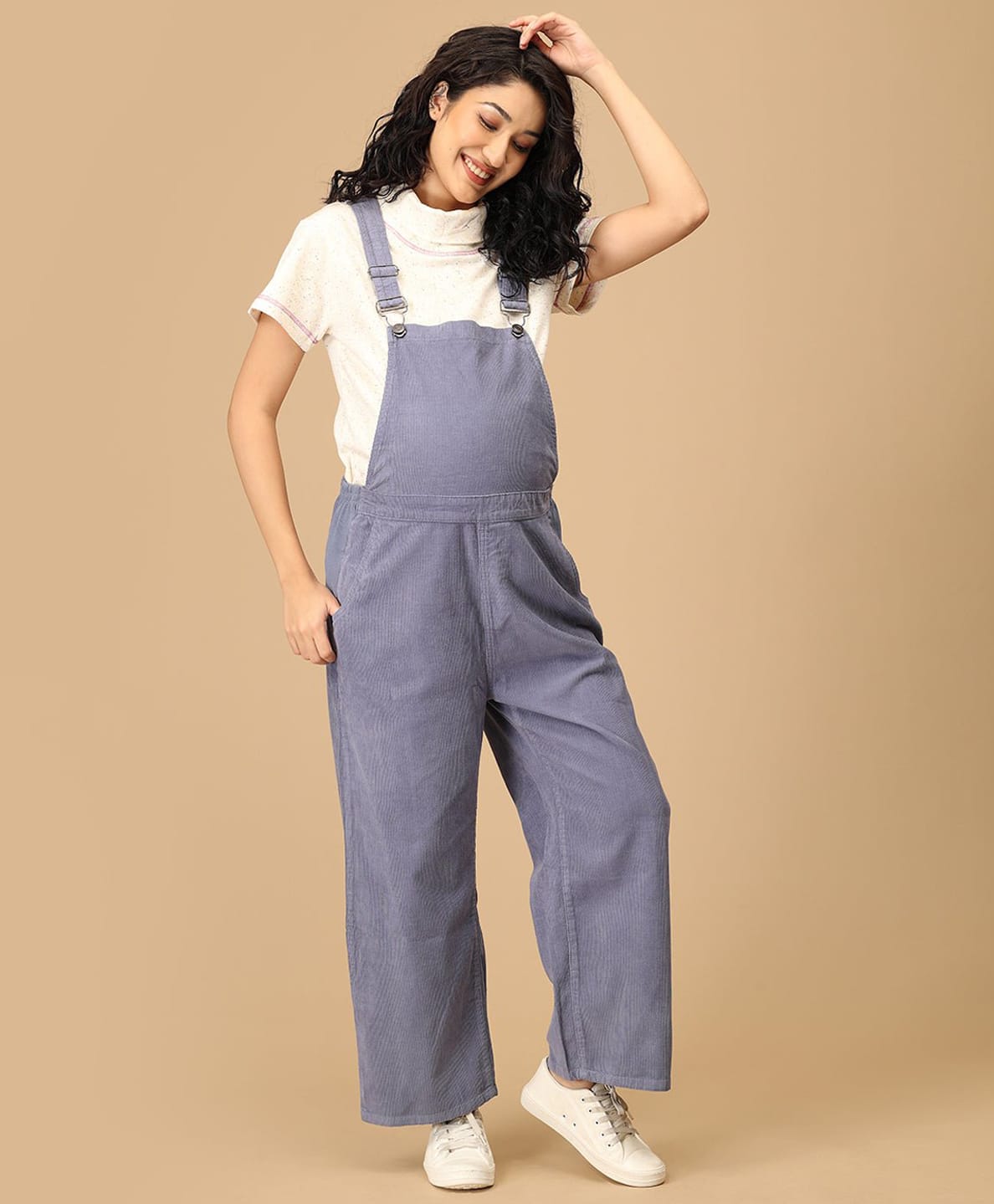 The Mom Store Cotton Denim Sleeveless Solid Maternity Dungaree - Blue-picture-27