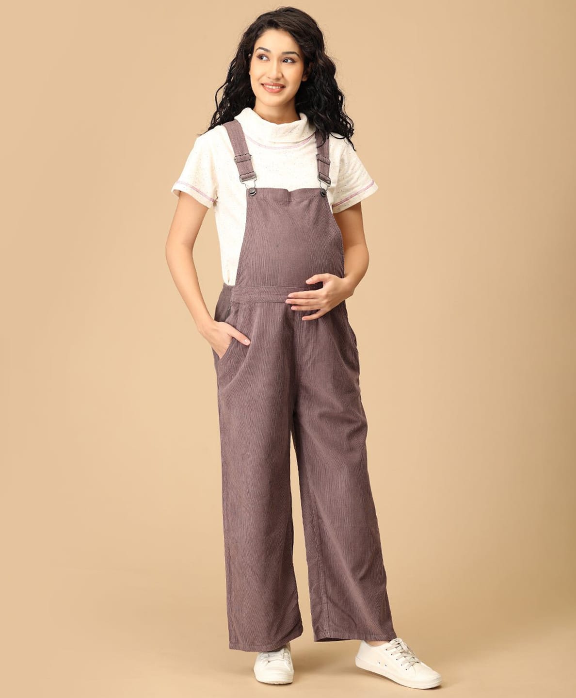 The Mom Store Cotton Denim Sleeveless Solid Maternity Dungaree -Brown-picture-29