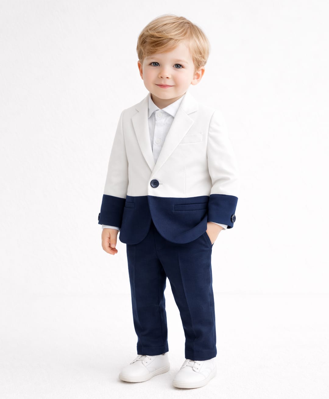 Spool Junior Cotton Woven Full Sleeves Colour Blocked Blazer & Pant With Shirt Set - Navy Blue-picture-15