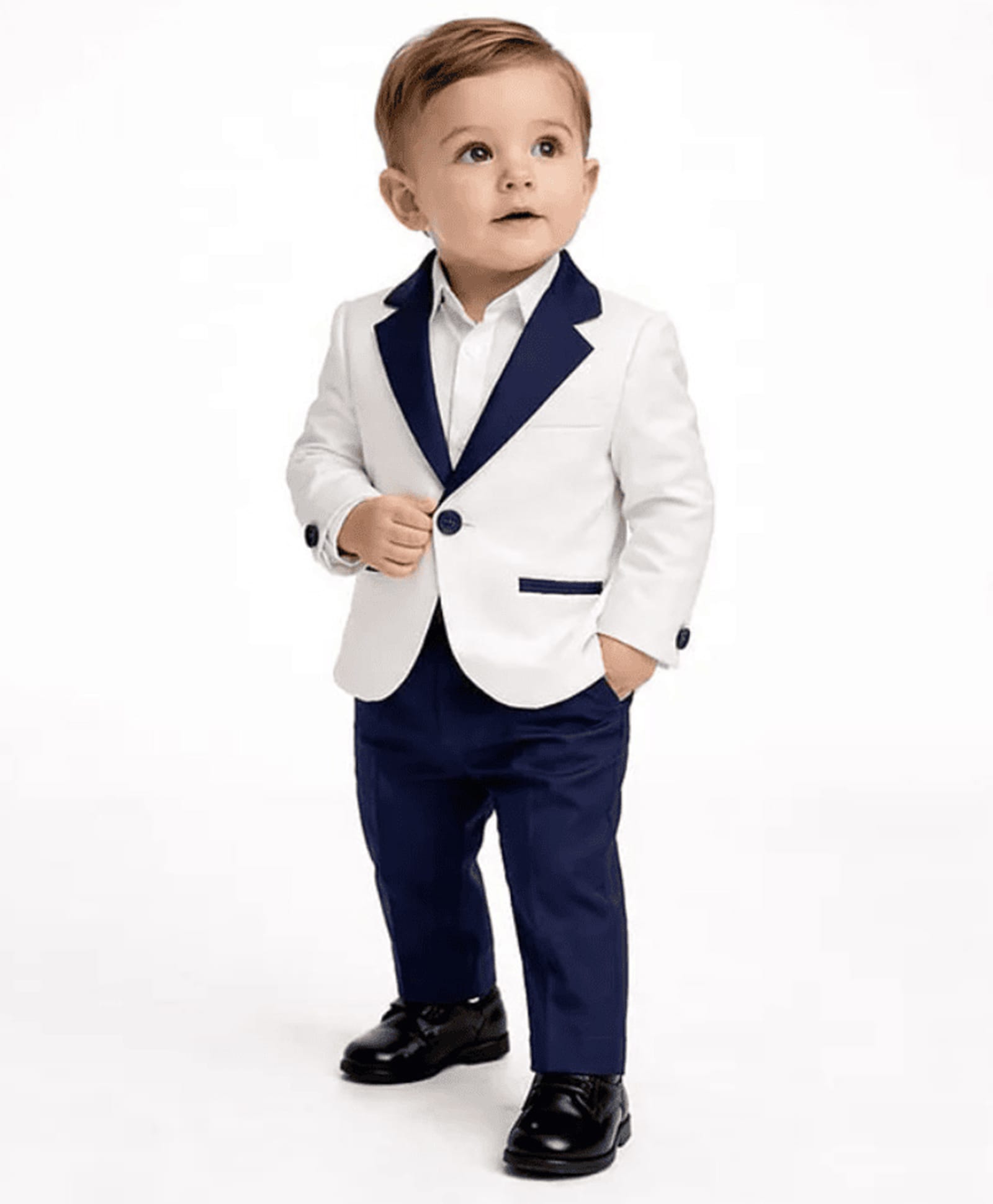 Spool Junior Cotton Woven Full Sleeves Colour Blocked Blazer & Pant With Shirt Set - Navy Blue-picture-19