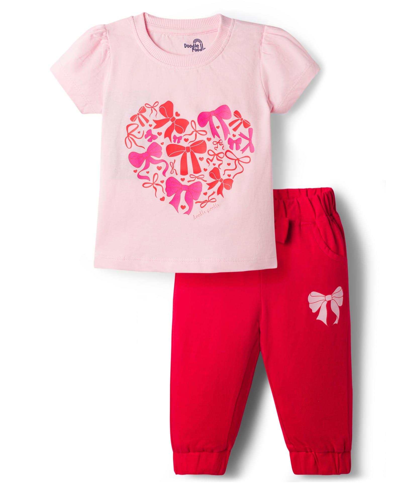 Doodle Poodle 100% Cotton Knit Half Sleeves Hearts & Bow Printed Top & Pant Set - Pink & Red-picture-24