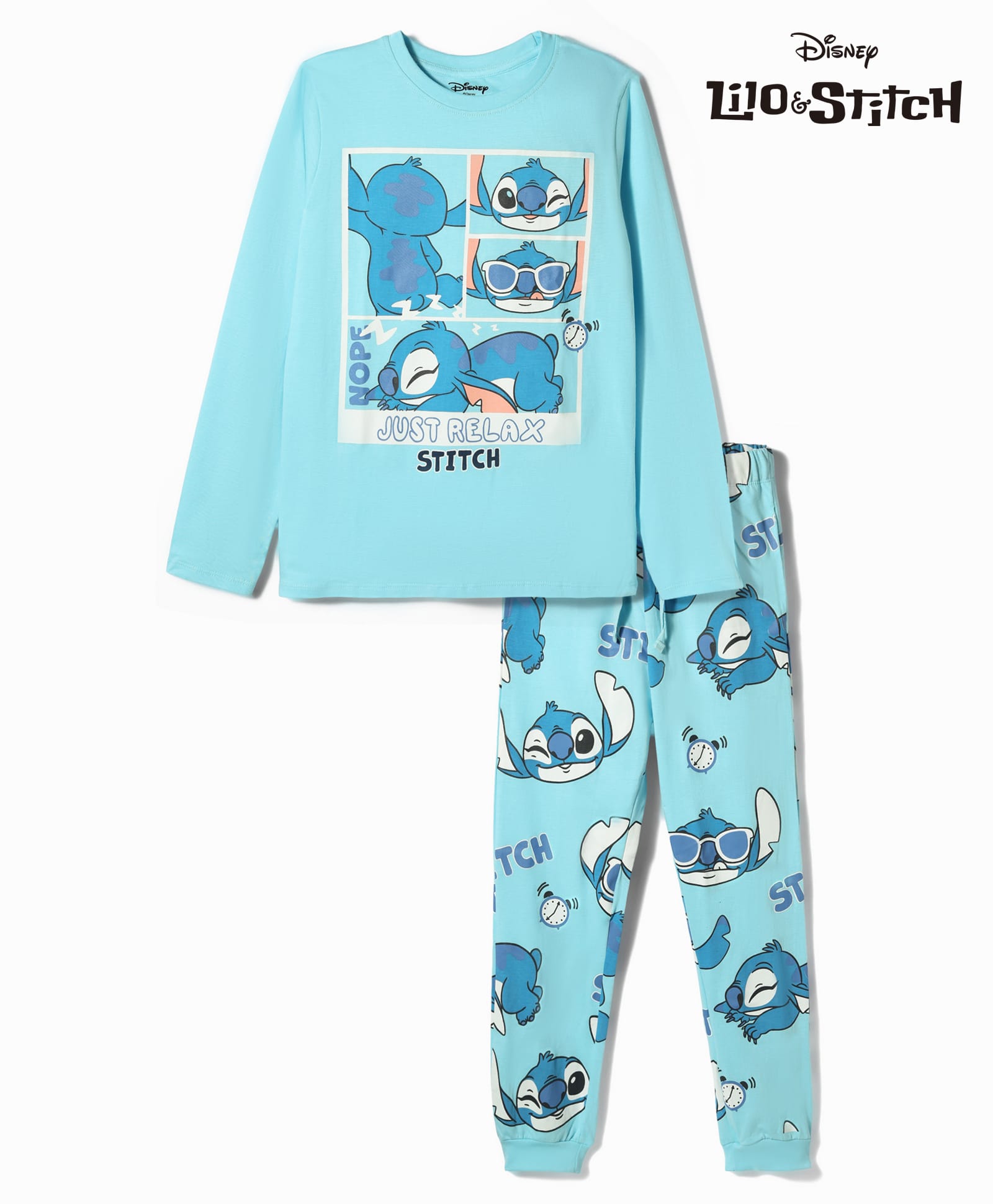 Pine Kids Disney Single Jersey Knit Full Sleeves T-Shirt & Pyjama Night Suit with Stitch Graphic - Light Blue-image-39