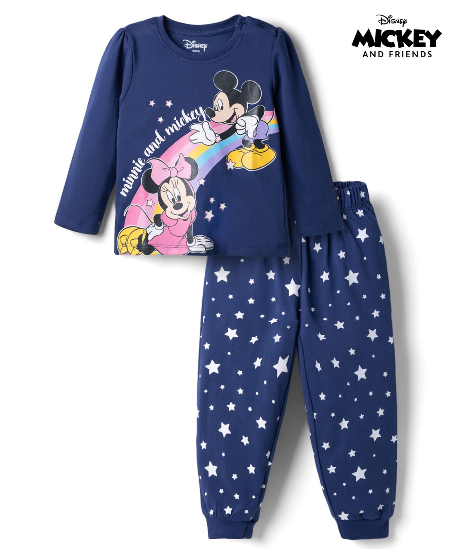 Babyhug Disney Single Jersey Knit Full Sleeves T-Shirt & Pyjama Night Suit with Minnie Mouse Graphics - Navy Blue-image-46