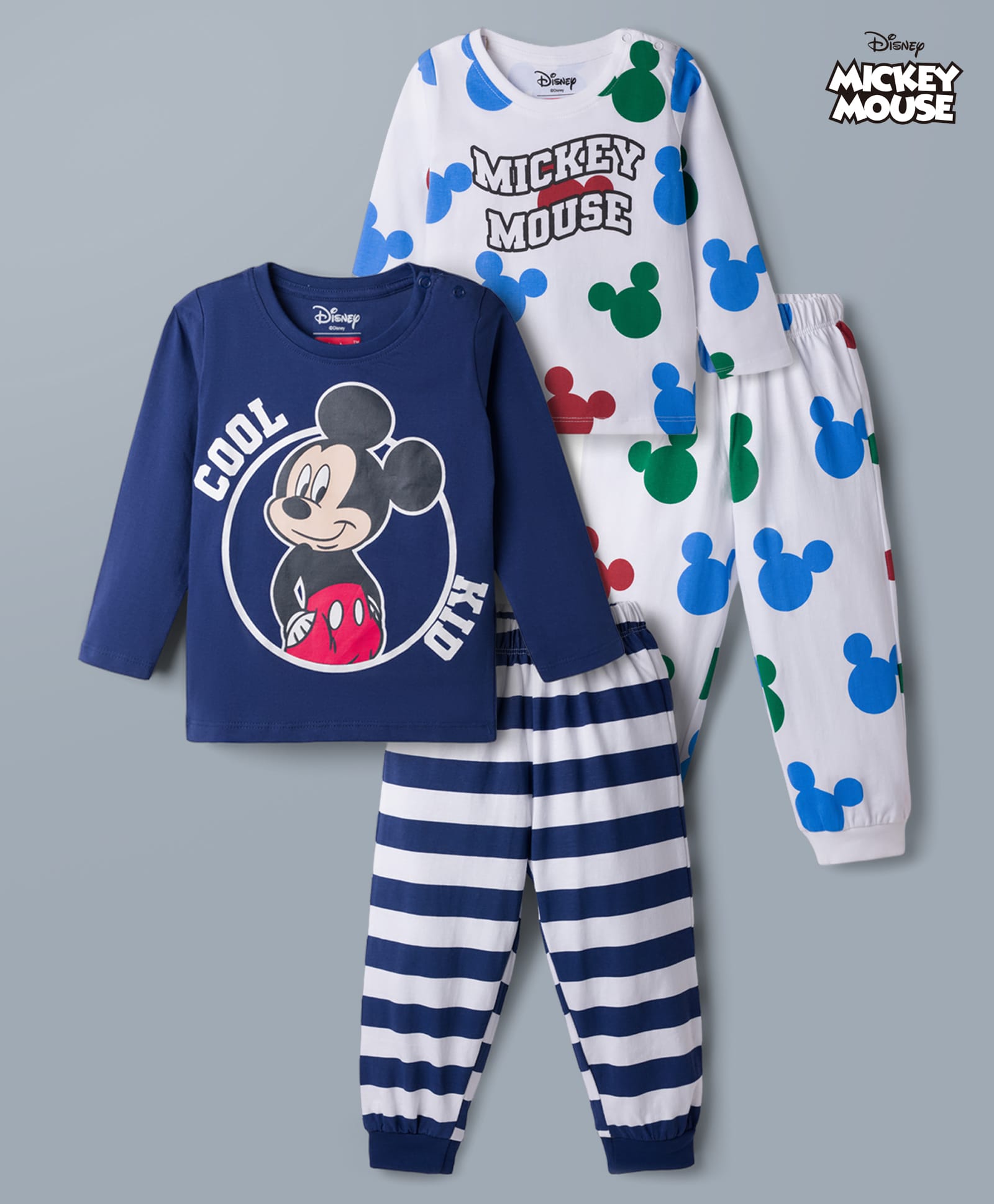 Babyhug Disney Single Jersey Knit Full Sleeves Co-Ords T-Shirt & Pajama Night Suit with Mickey Mouse Graphics Pack of 2 - White & Navy-image-13