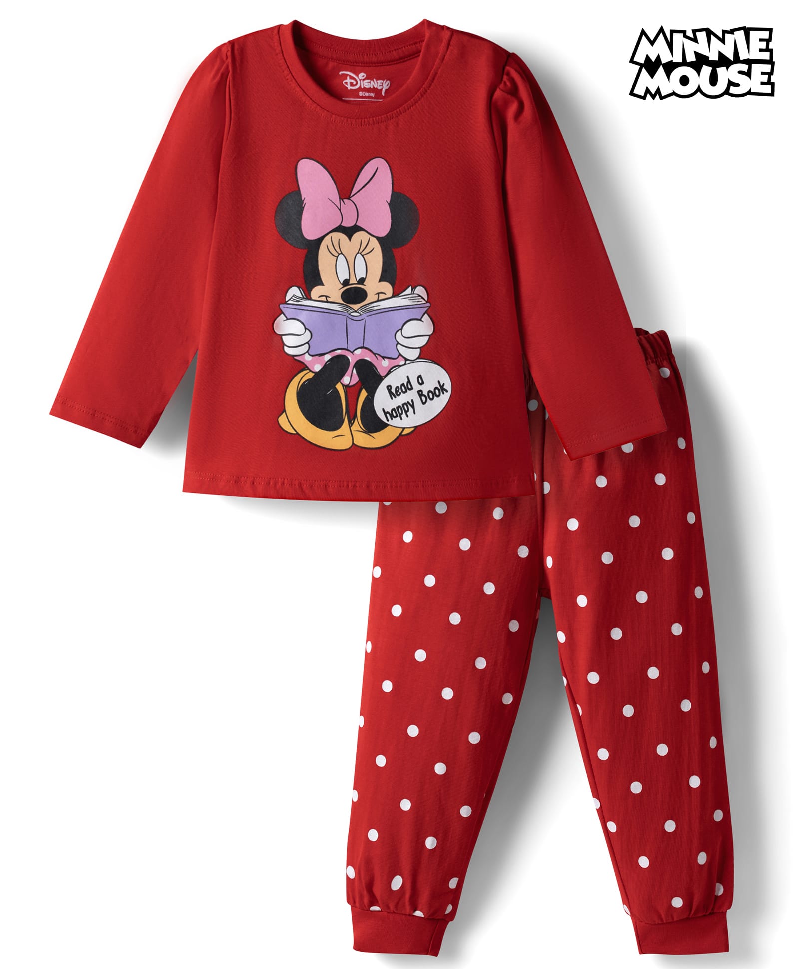 Babyhug Disney Single Jersey Knit Full Sleeves T-Shirt & Pajama Night Suit with Polka Dots & Minnie Mouse Graphics - Dark Red-image-24