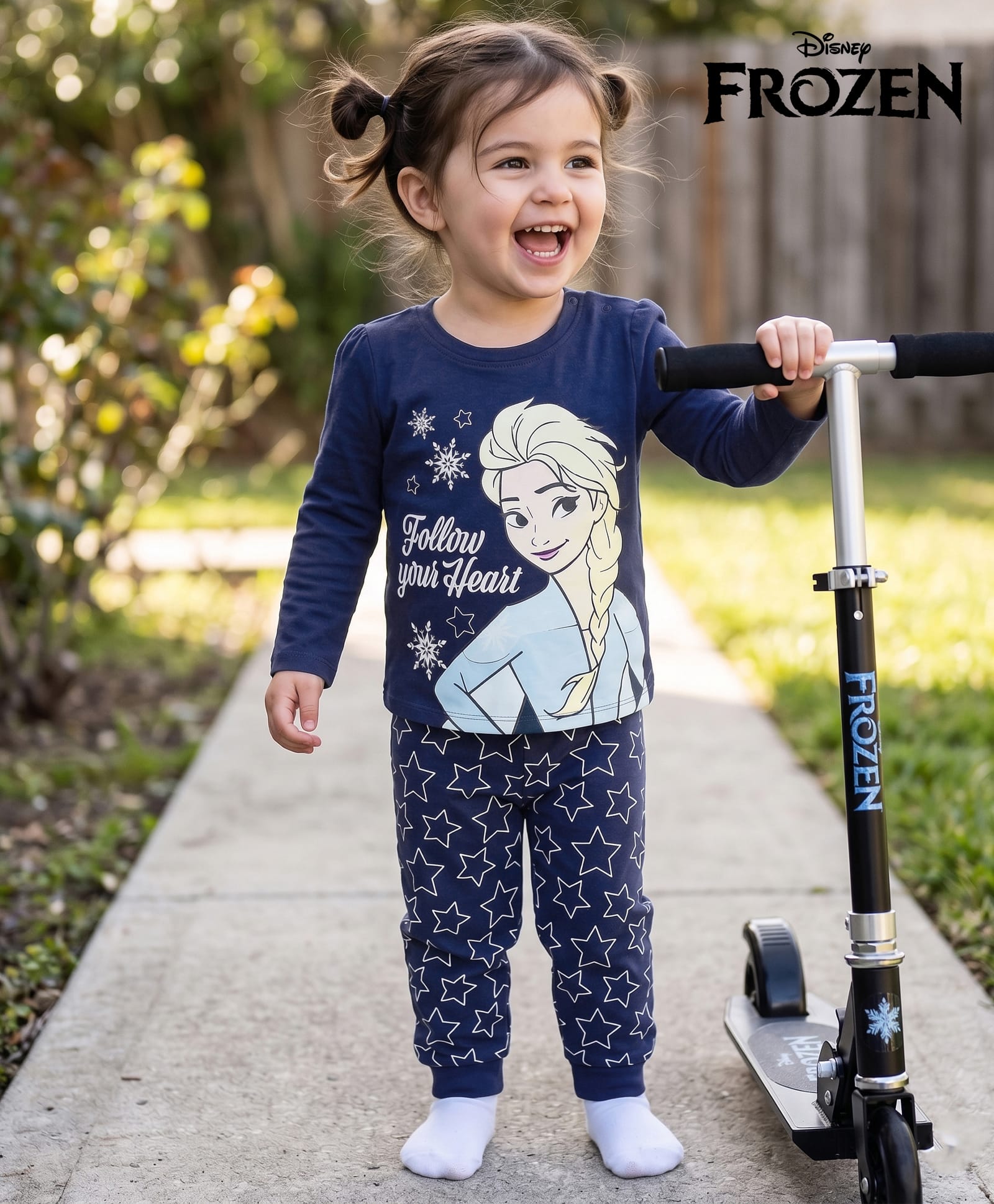 Babyhug Disney 100% Cotton Knit Full Sleeves T-Shirt & Pyjama Night Suit With Elsa Graphic - Navy Blue-image-8