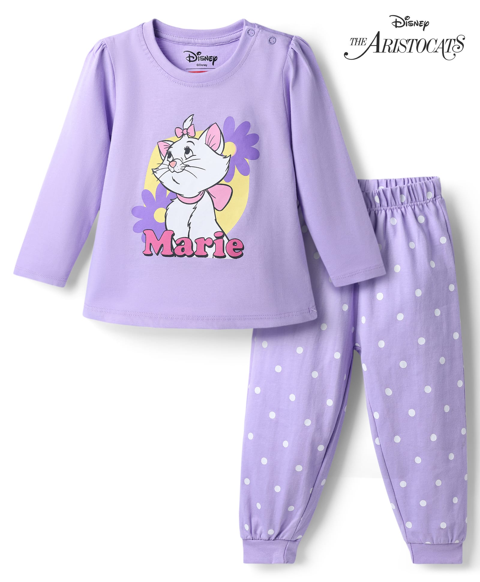 Babyhug Disney 100% Cotton Knit Full Sleeves T-Shirt & Pyjama Night Suit With Marie & Polka Dots Graphic - Lavender-image-5