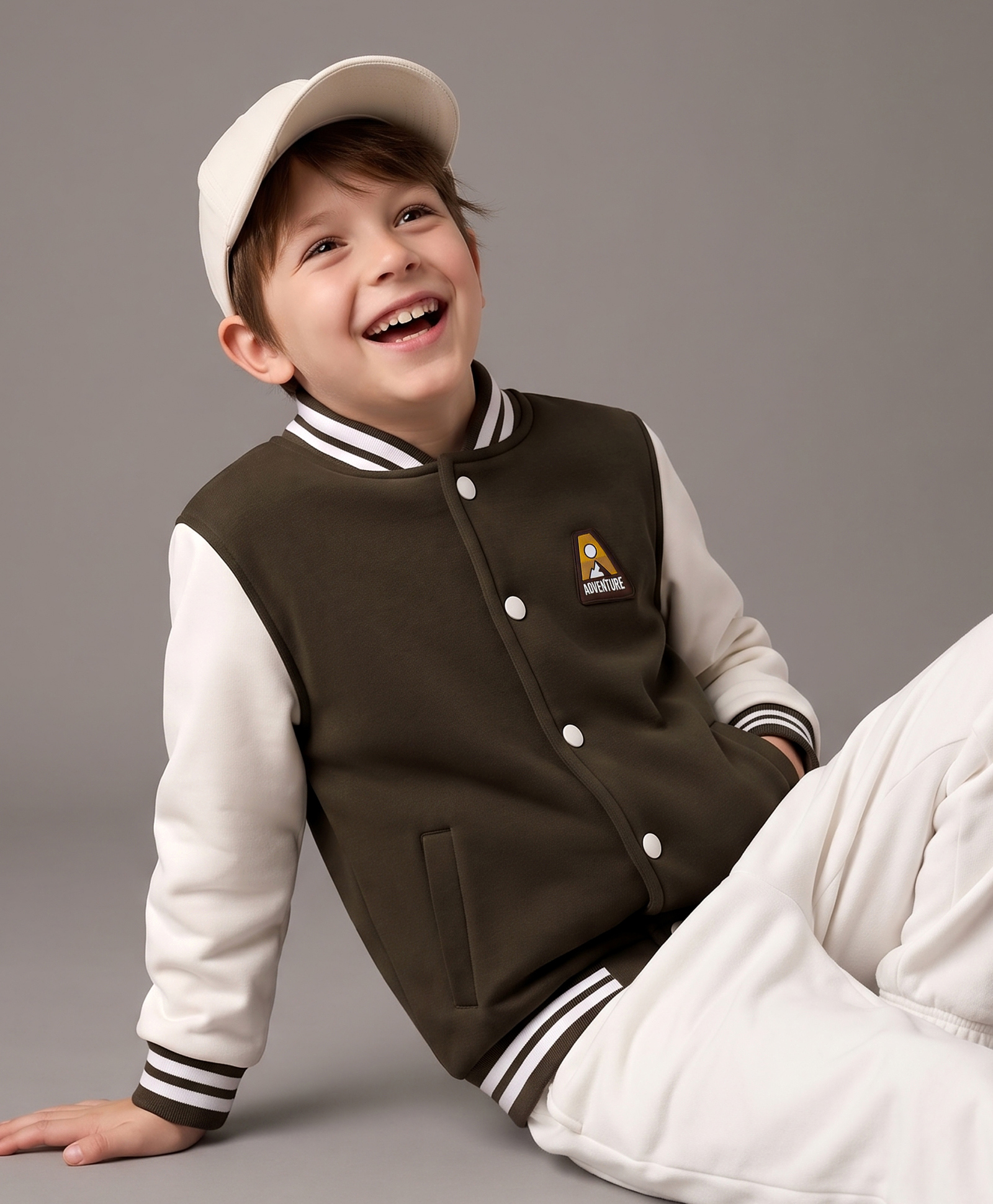 Pine Kids Knit Full Sleeves Bomber Jacket with Adventure Badge- Brown-image-37