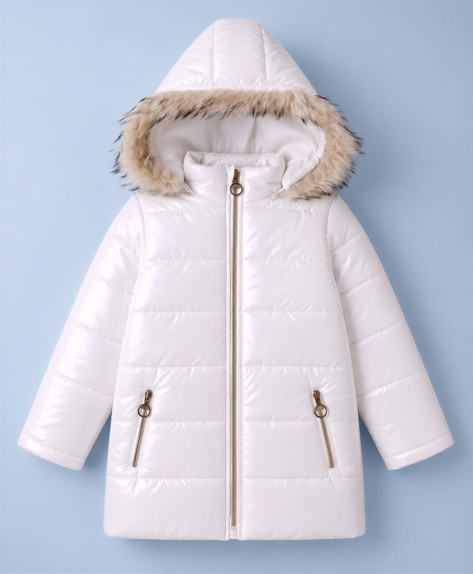 Pine Kids Woven Hooded Jacket with Full Sleeves & Fur Trim - White-picture-14
